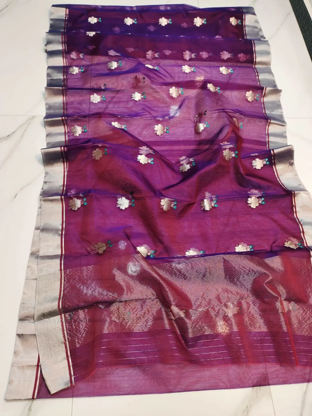 Handwoven Amethyst & Luminous Silver with Verdant Accents Amethyst & Luminous Silver with Verdant Accents Kataan Silk Saree - Authentic Chanderi Silk Saree Chanderi Saree - View 1