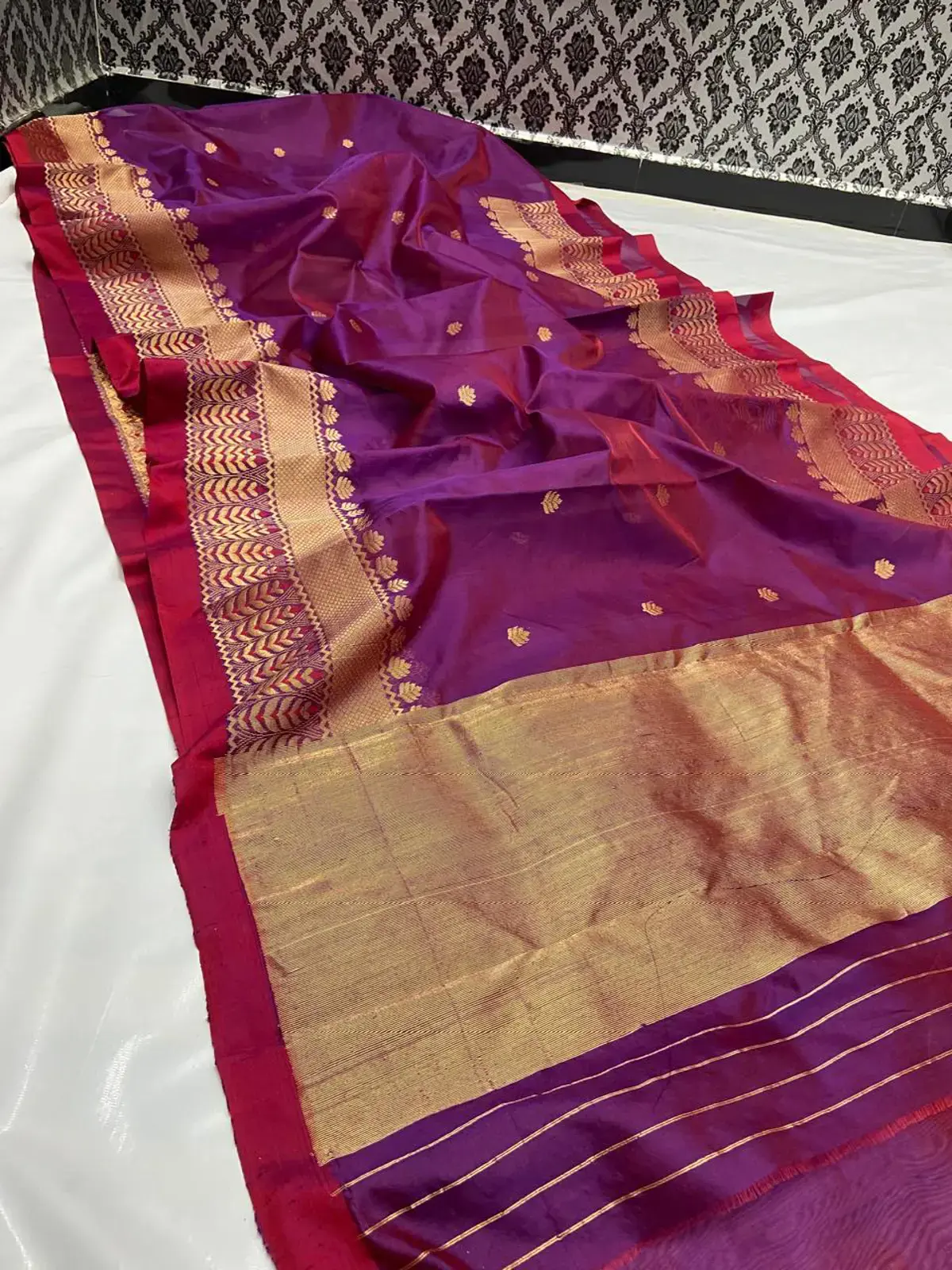Amethyst Bloom with Delicate Leaf Buttis and Chevron Zari Pattu Silk - Handloom Chanderi Saree