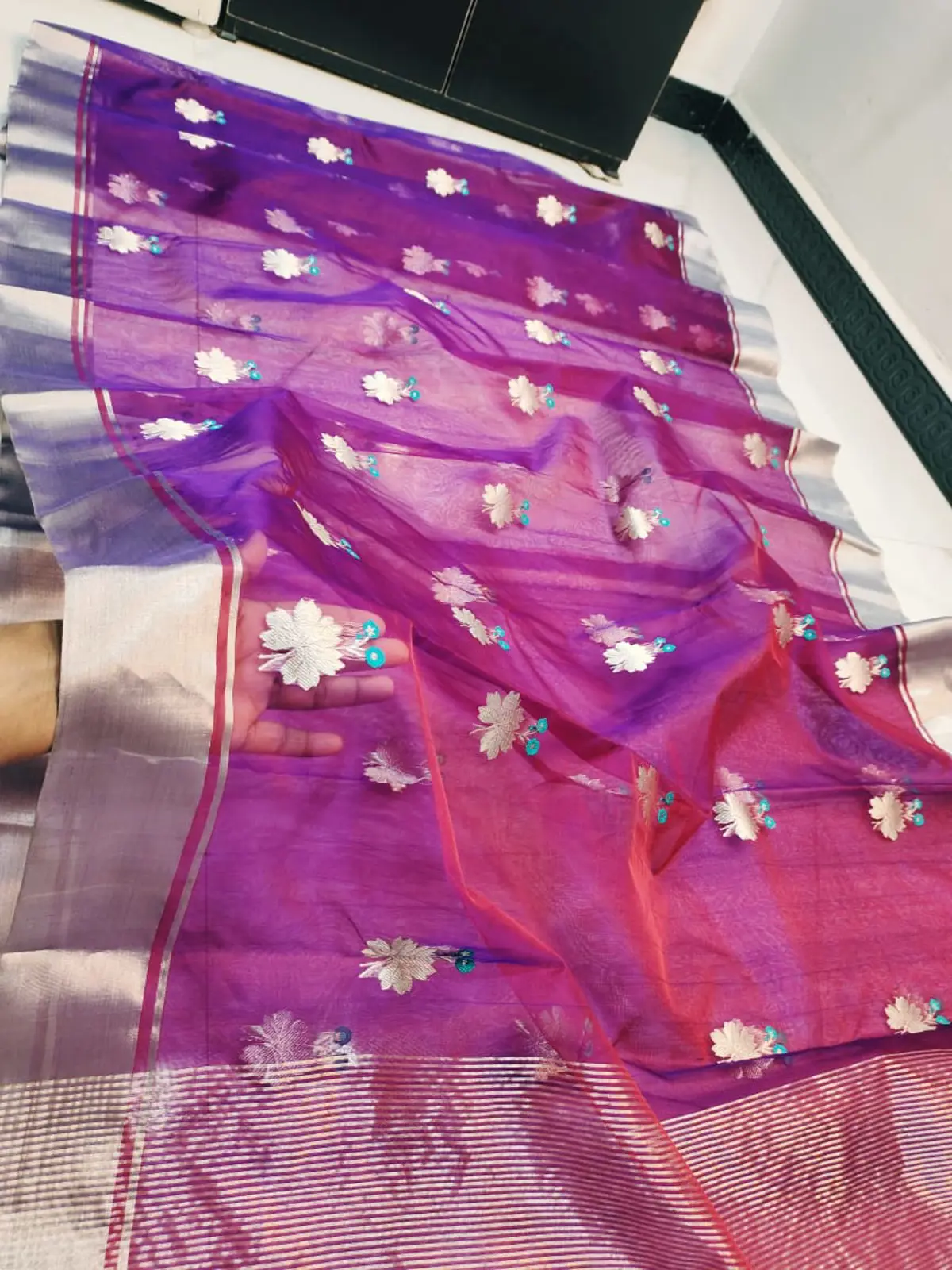 Amethyst Bloom with Silver Floral Motifs Kataan Silk - Handloom Chanderi Saree