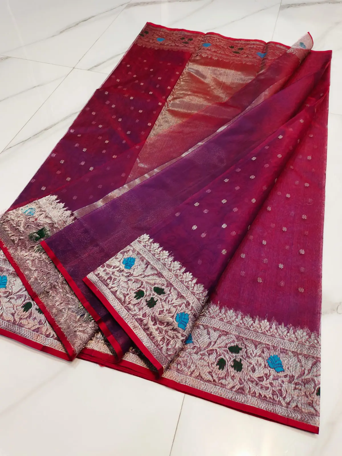 Handwoven Amethyst Magenta & Sterling Silver Amethyst Magenta & Sterling Silver Kataan Silk Saree - Authentic Chanderi Silk Saree Chanderi Saree - View 3