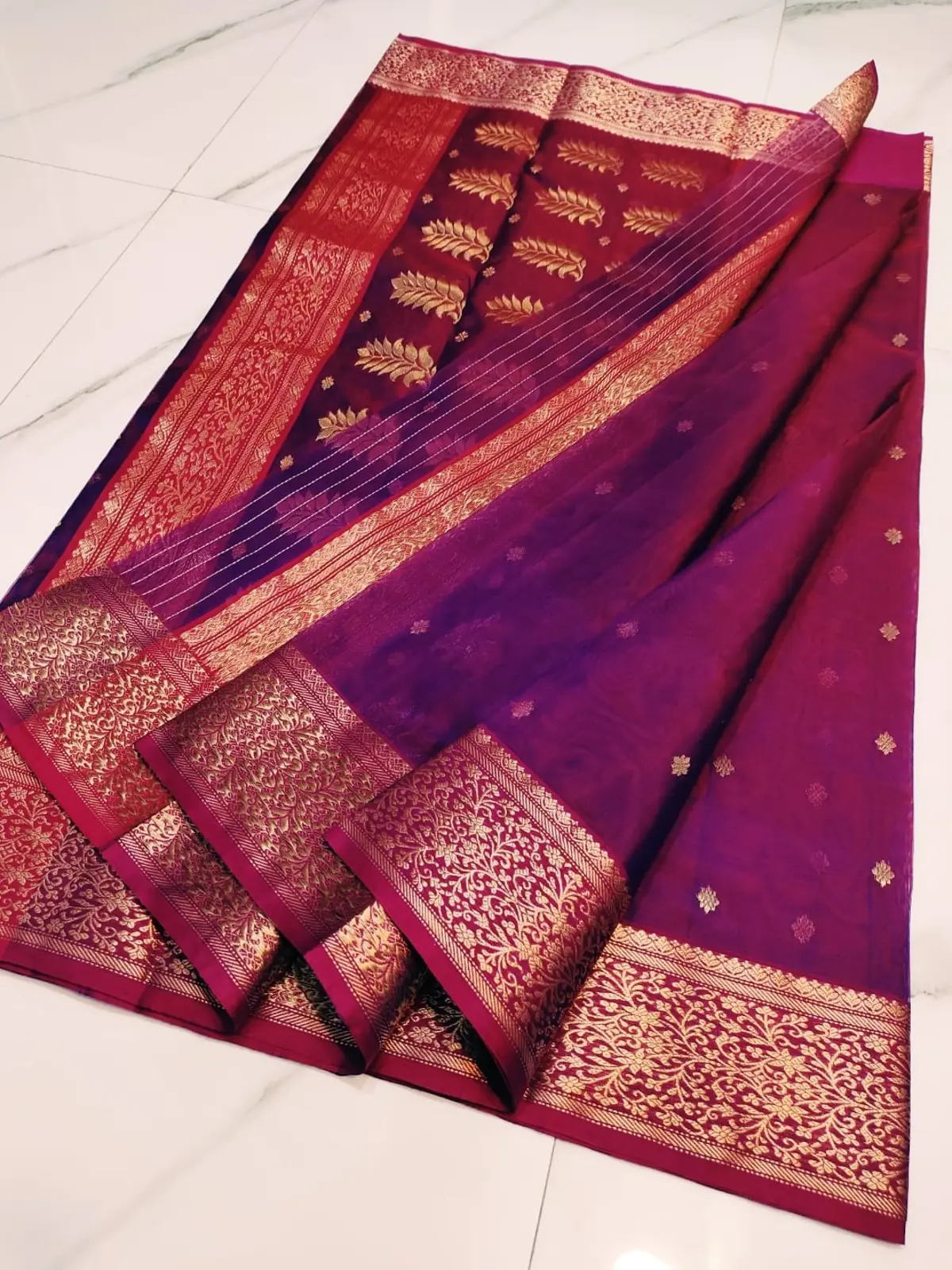 Handwoven Amethyst Purple & Ruby Red Amethyst Purple with Ruby Red and Antique Gold Zari Kataan Silk - Authentic Chanderi Silk Saree Chanderi Saree