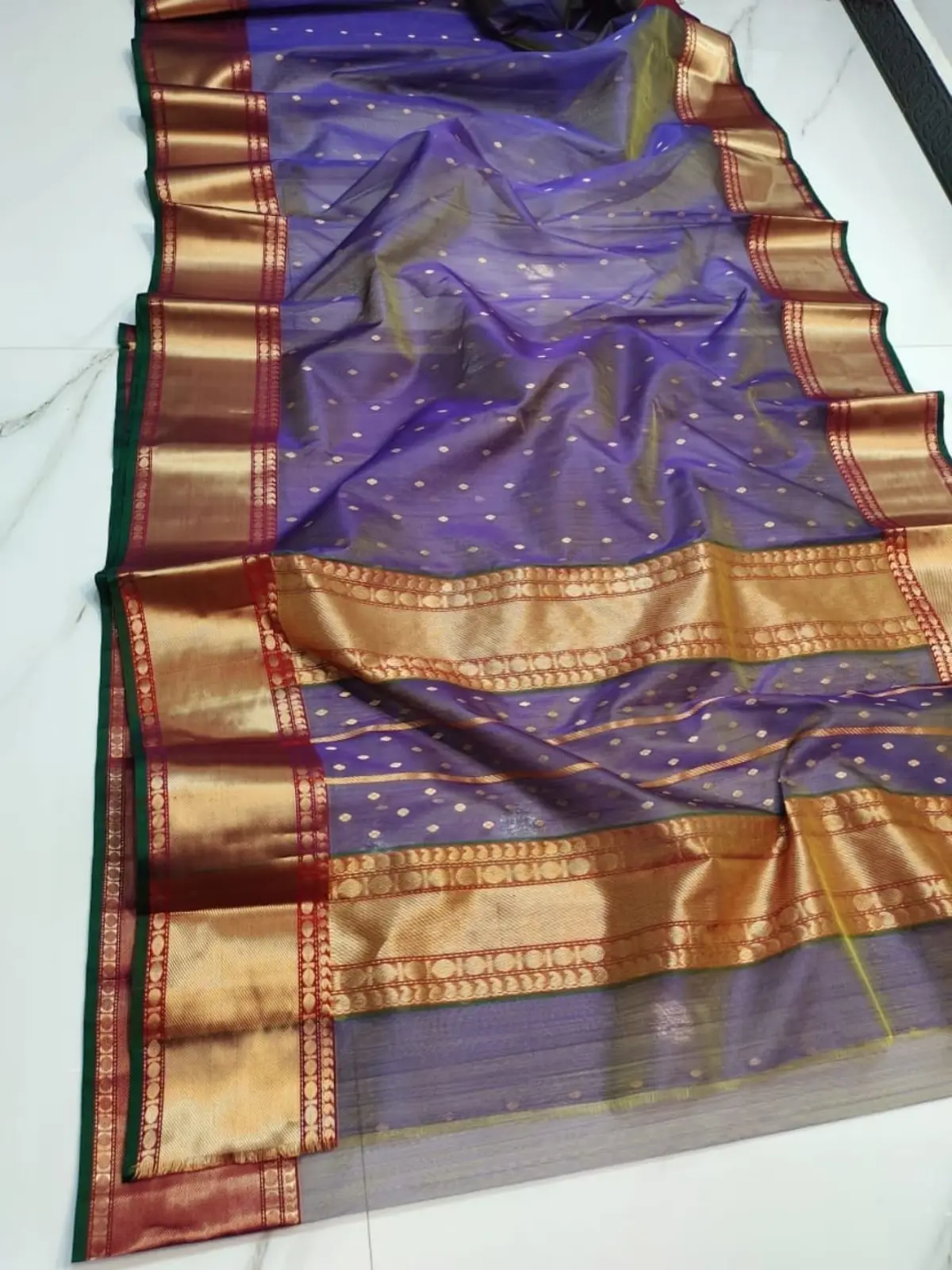 Handwoven Amethyst Violet with Antique Gold, Deep Garnet, and Forest Green Accents Amethyst Violet with Antique Gold, Deep Garnet, and Forest Green Accents Kataan Silk Saree - Authentic Chanderi Silk Saree Chanderi Saree