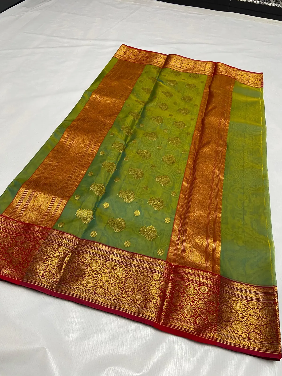 Handwoven Aqua Green & Antique Gold Aqua Green with Gold Brocade Border Kataan Silk - Authentic Chanderi Silk Saree Chanderi Saree - View 4
