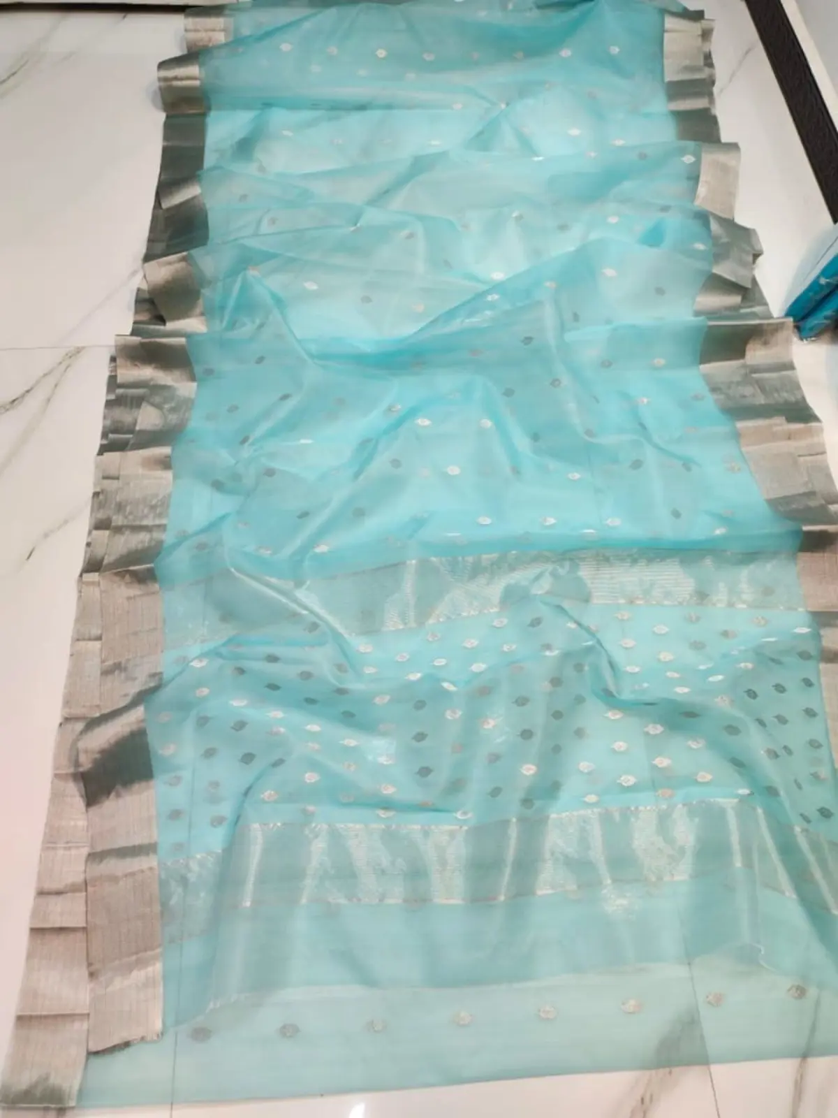 Aqua Mist & Silver Kataan Silk Saree - Handloom Chanderi Saree