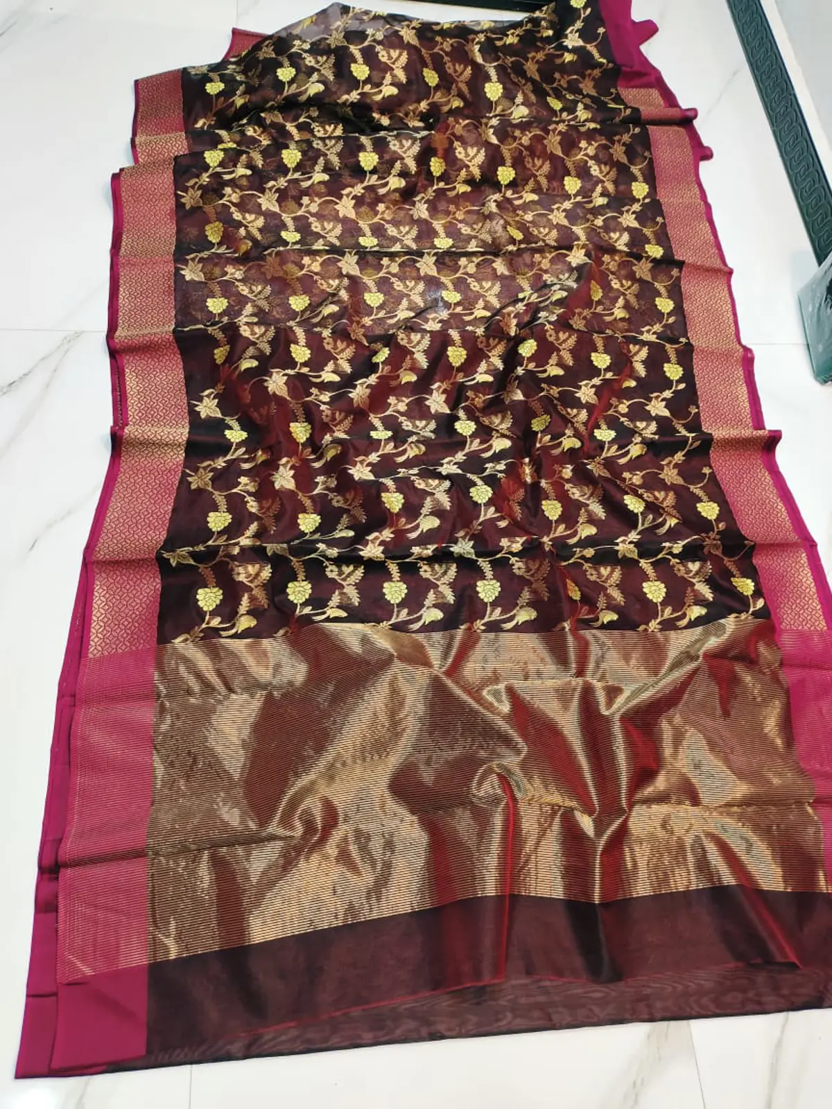 Aubergine & Rani Pink with Antique Gold Zari Pattu Silk Saree