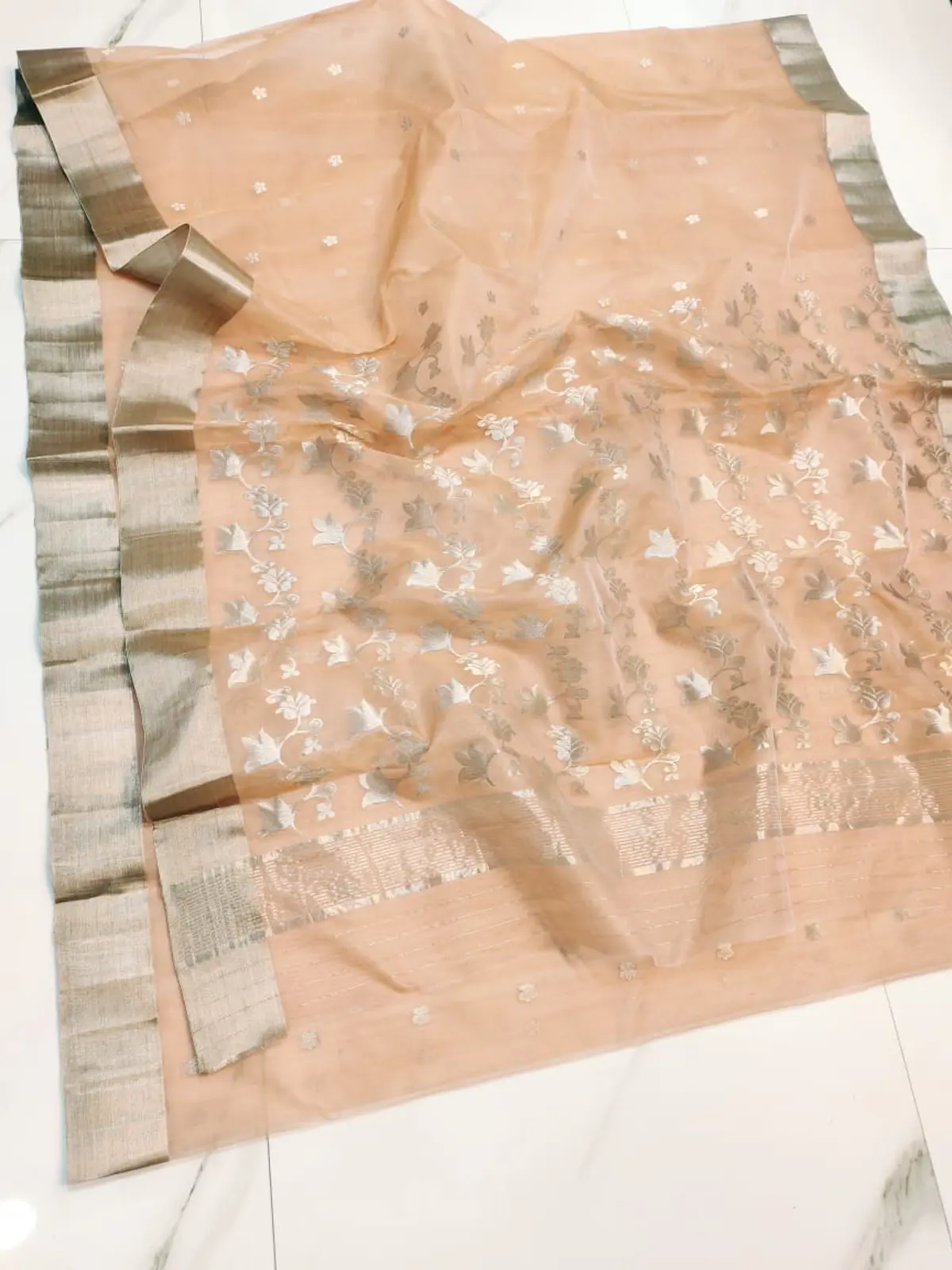 Handwoven Blushing Peach & Sterling Silver Blushing Peach & Sterling Silver Kataan Silk Saree - Authentic Chanderi Silk Saree Chanderi Saree