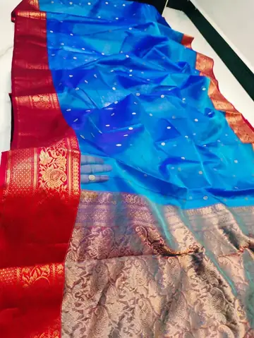 Celestial Azure with Regal Ruby Border and Antique Gold Zari Kataan Silk - Handloom Chanderi Saree