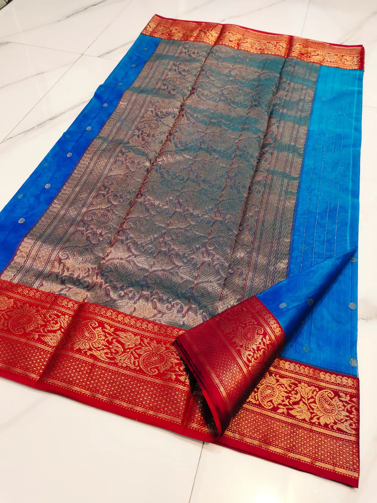 Handwoven Celestial Azure & Regal Ruby with Antique Gold Zari Celestial Azure with Regal Ruby Border and Antique Gold Zari Kataan Silk - Authentic Chanderi Silk Saree Chanderi Saree - View 4