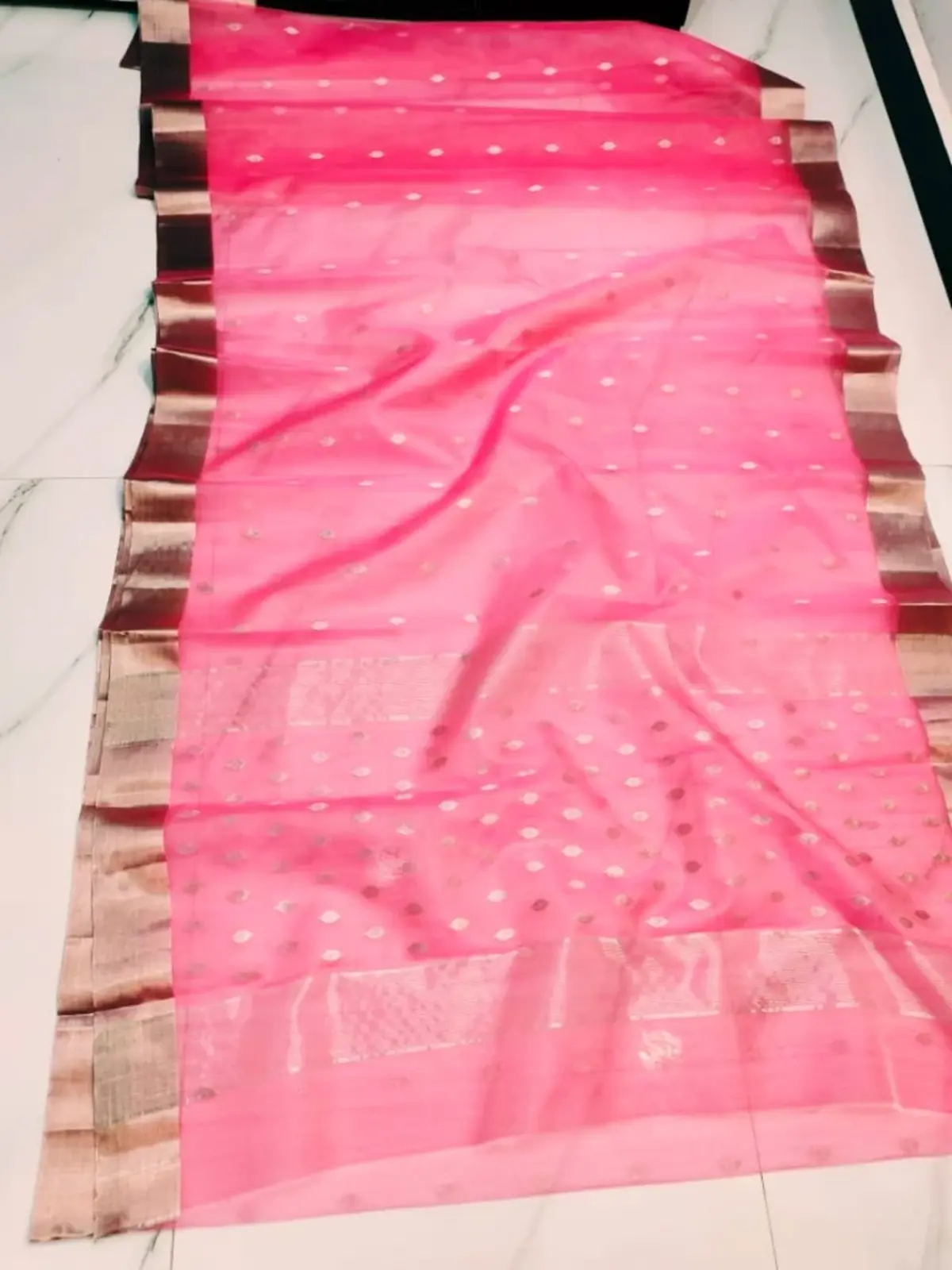 Handwoven Gilded Amber, Roseate Hues & Regal Garnet Cerise Radiance with Delicate Gold Zari Booti Kataan Silk - Authentic Chanderi Silk Saree Chanderi Saree - View 1