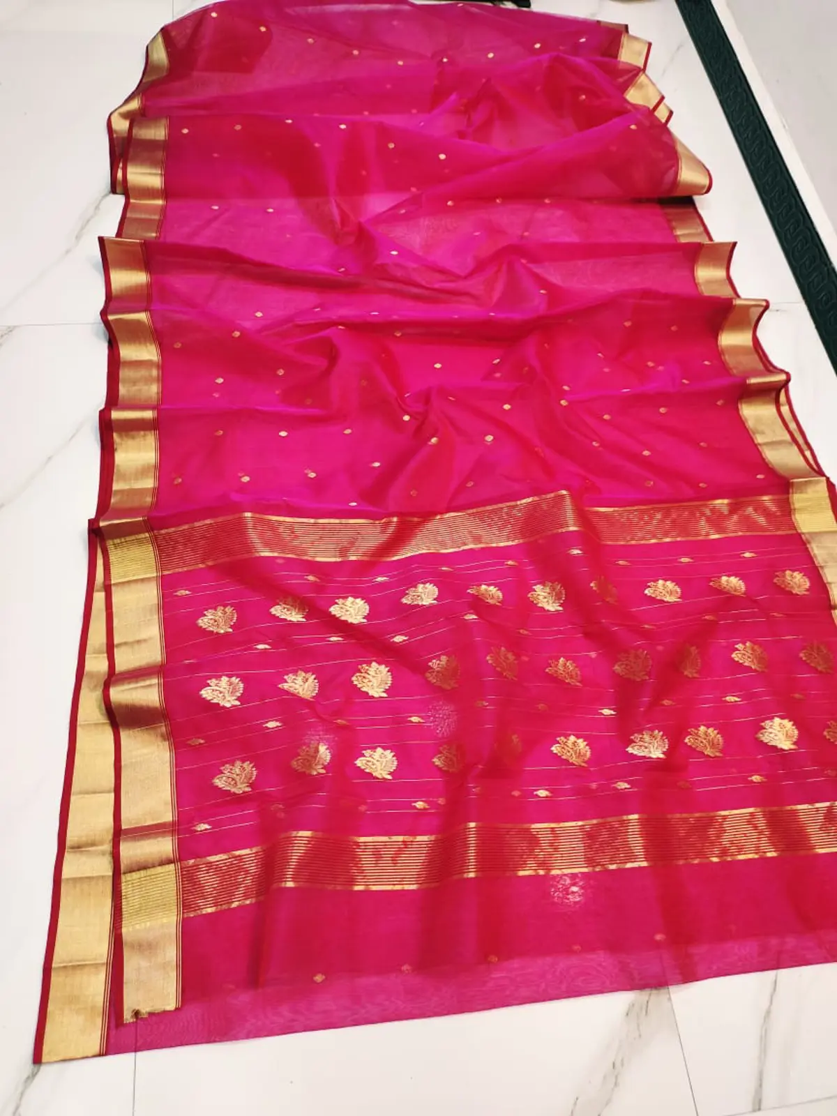 Handwoven Cerise Radiance & Gilded Gold Cerise Radiance with Gilded Booti and Floral Motifs Kataan Silk - Authentic Chanderi Silk Saree Chanderi Saree - View 2