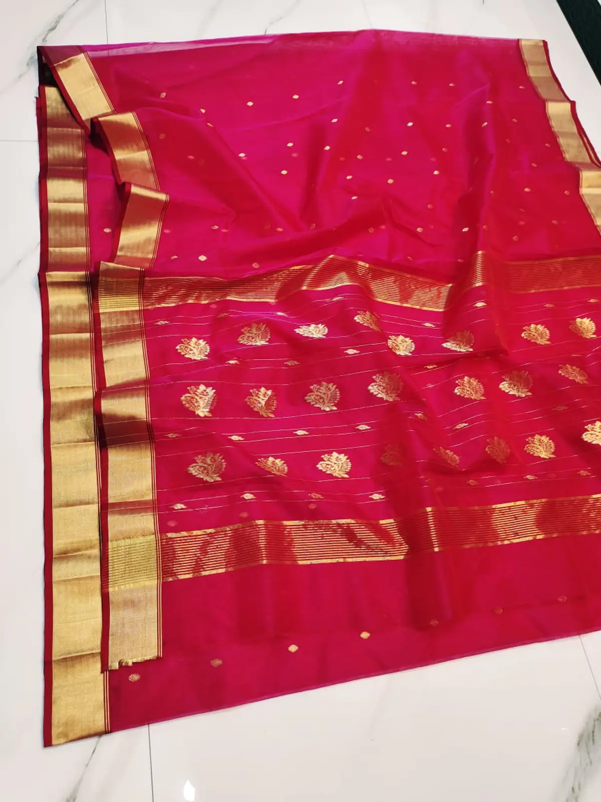 Handwoven Cerise Radiance & Gilded Gold Cerise Radiance with Gilded Booti and Floral Motifs Kataan Silk - Authentic Chanderi Silk Saree Chanderi Saree - View 3