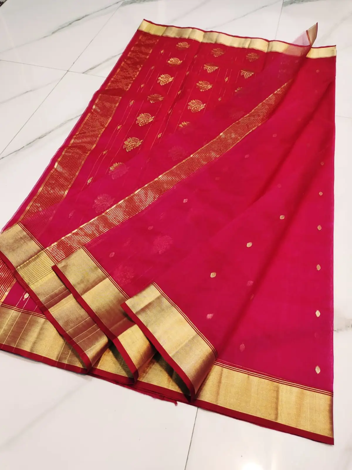 Handwoven Cerise Radiance & Gilded Gold Cerise Radiance with Gilded Booti and Floral Motifs Kataan Silk - Authentic Chanderi Silk Saree Chanderi Saree - View 4