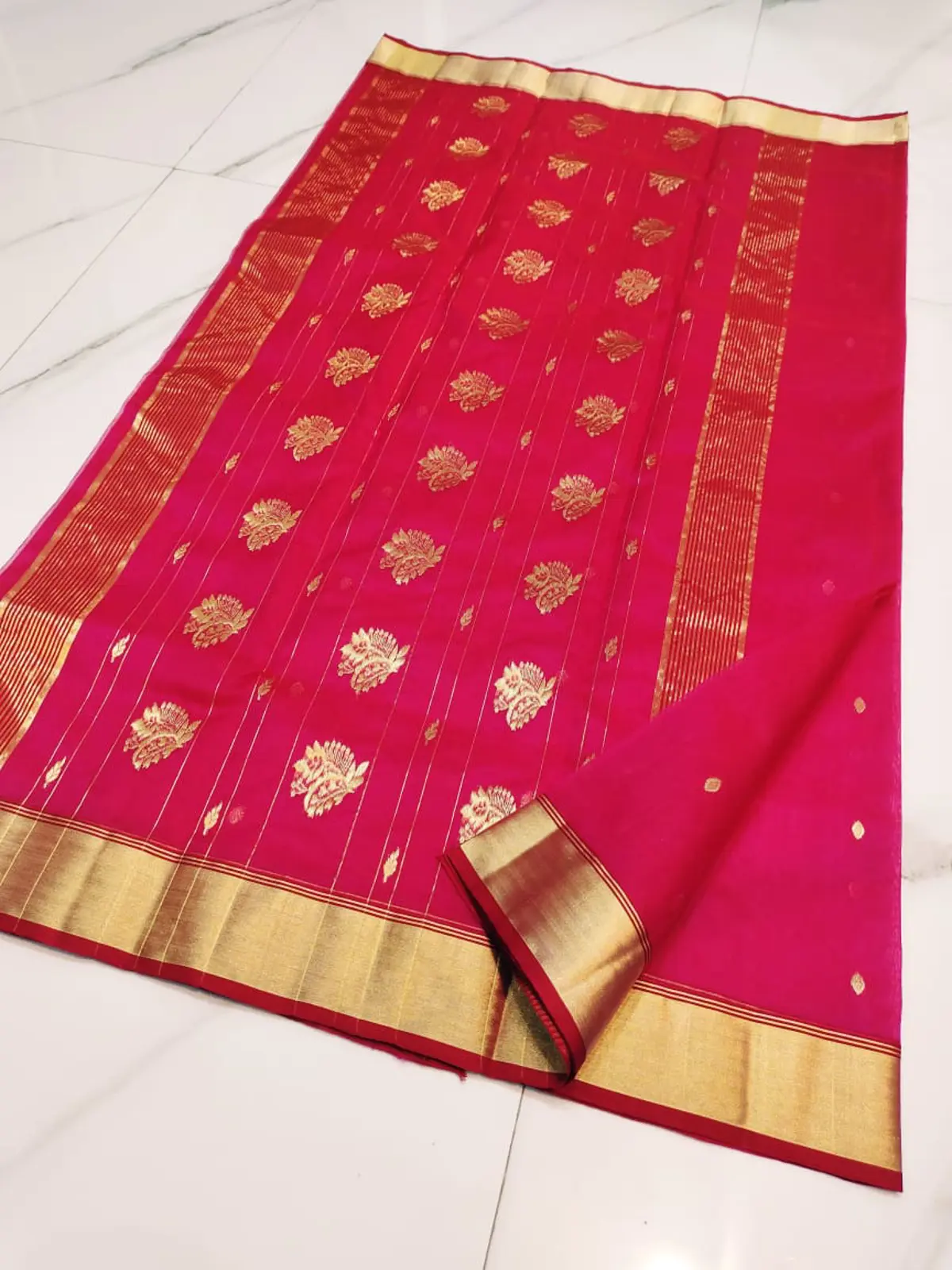 Handwoven Cerise Radiance & Gilded Gold Cerise Radiance with Gilded Booti and Floral Motifs Kataan Silk - Authentic Chanderi Silk Saree Chanderi Saree - View 5