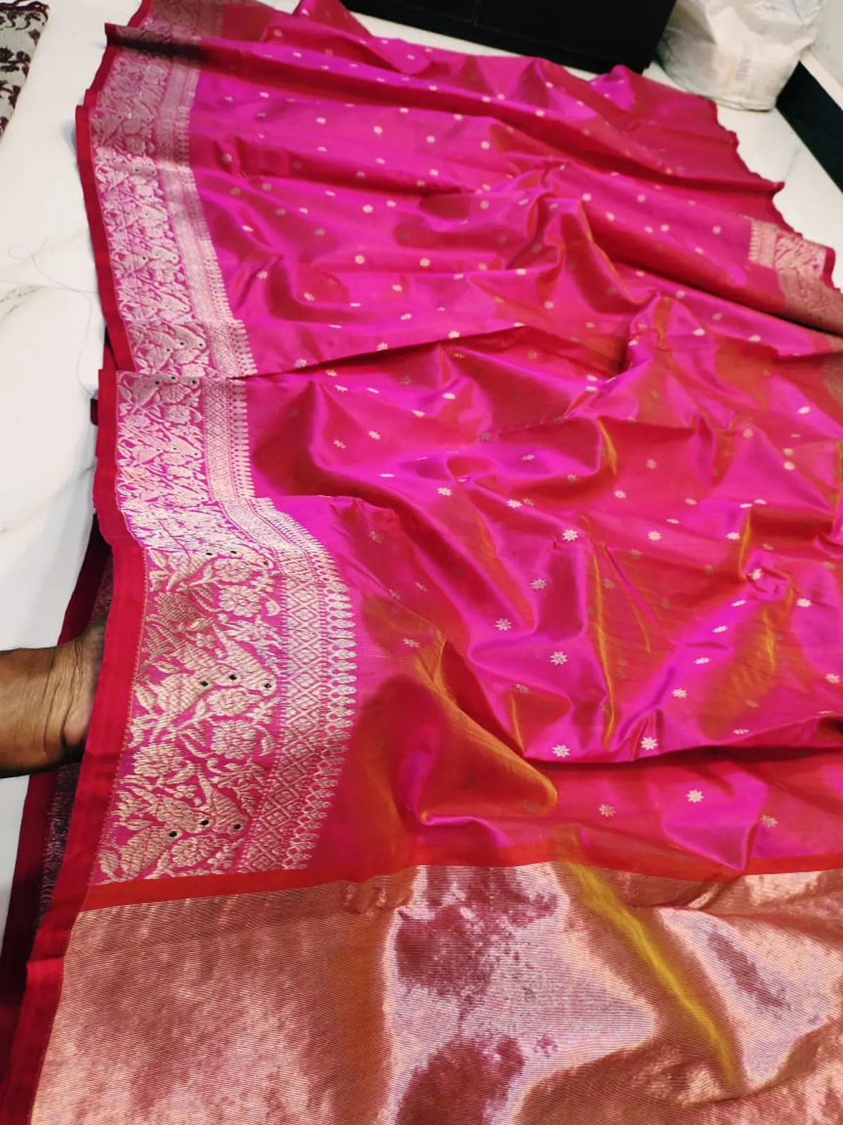 Cerise Radiance with Heirloom Gold Zari Weave Pattu Silk - Handloom Chanderi Saree