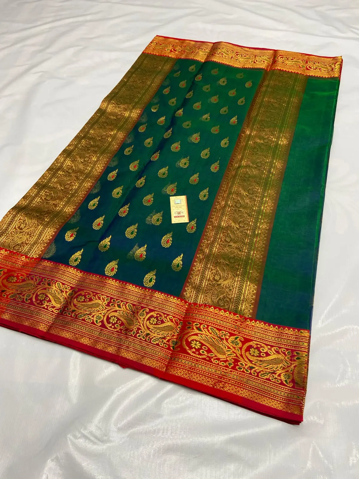 Handwoven Cerulean Teal, Crimson & Antique Gold Cerulean Teal, Crimson & Antique Gold Kataan Silk Saree - Authentic Chanderi Silk Saree Chanderi Saree - View 3