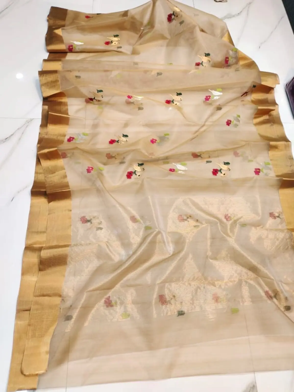 Champagne Blossom and Antique Gold Champagne Blossom with Golden Zari Birds Chanderi Silk - Handloom Chanderi Saree
