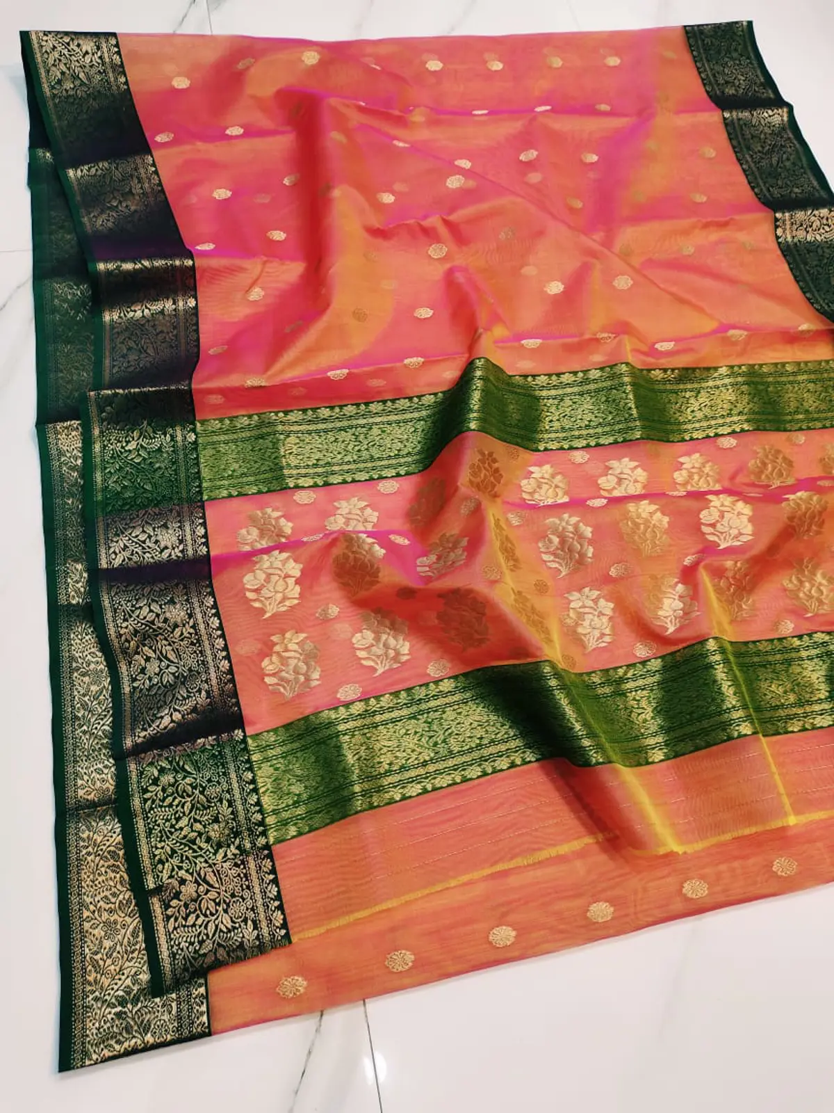Handwoven Coral Dawn & Emerald Green Coral Dawn & Emerald Green Kataan Silk Saree - Authentic Chanderi Silk Saree Chanderi Saree