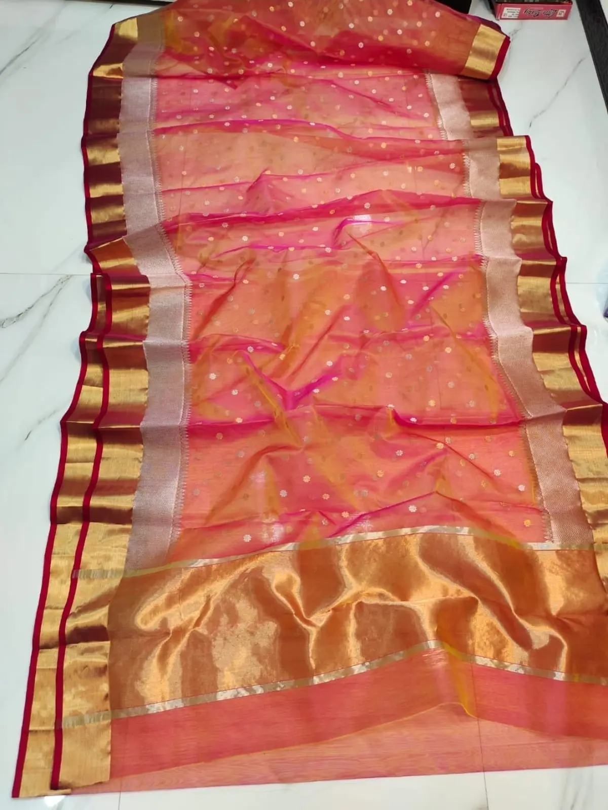 Handwoven Coral Coral Kataan Silk Saree - Authentic Chanderi Silk Saree Chanderi Saree - View 1