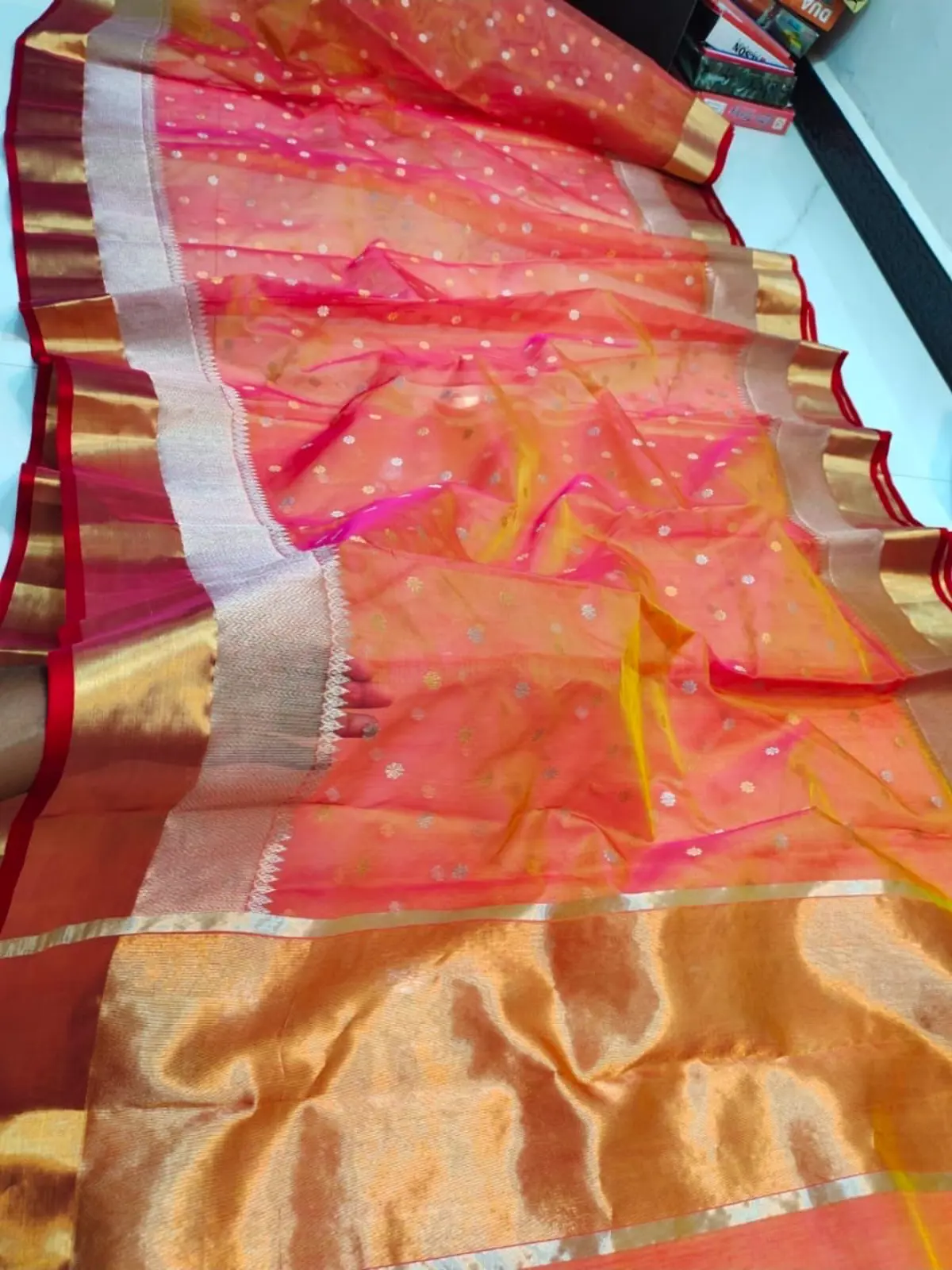 Handwoven Coral Coral Kataan Silk Saree - Authentic Chanderi Silk Saree Chanderi Saree - View 2