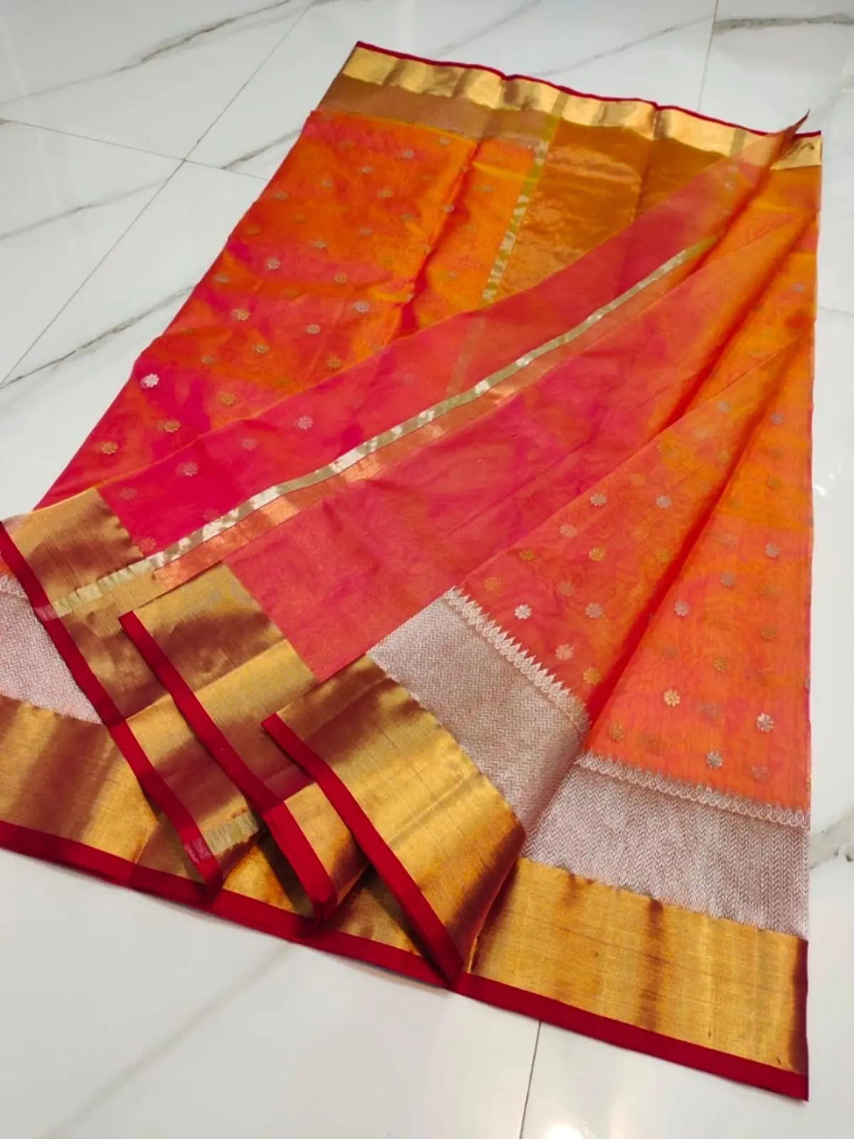 Handwoven Coral Coral Kataan Silk Saree - Authentic Chanderi Silk Saree Chanderi Saree - View 3