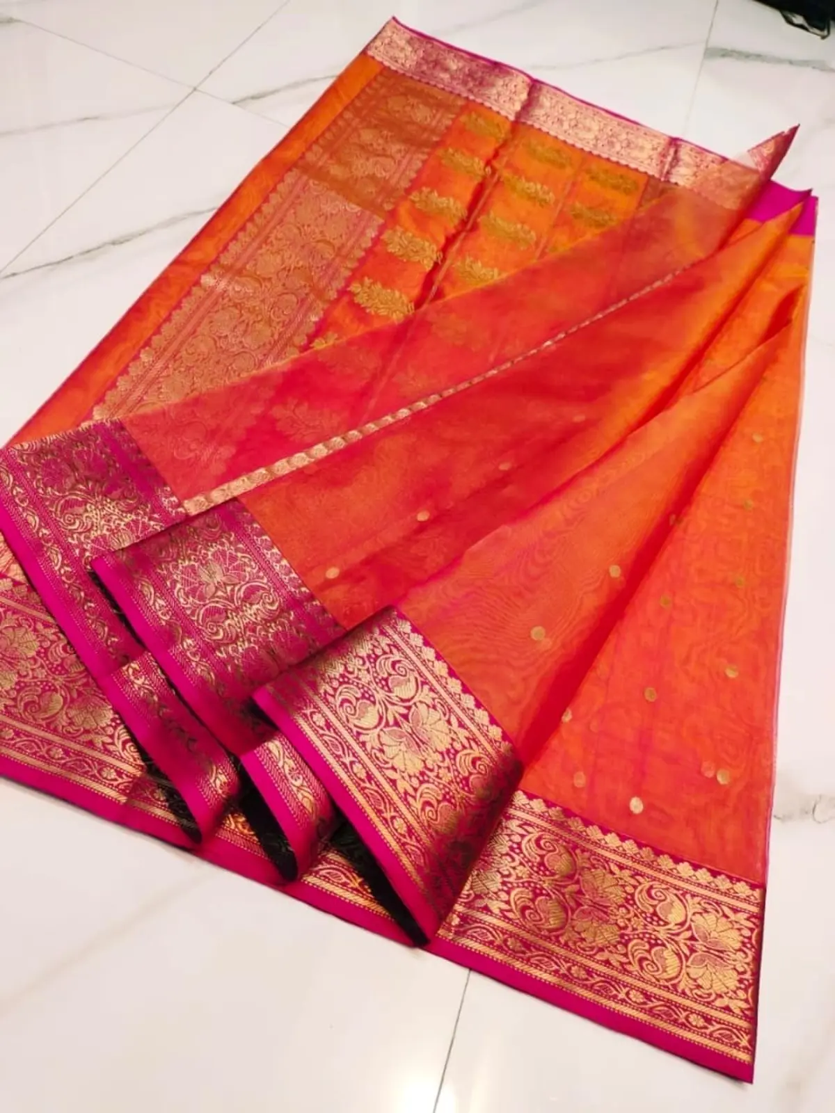 Handwoven Coral Coral Kataan Silk Saree - Authentic Chanderi Silk Saree Chanderi Saree - View 3