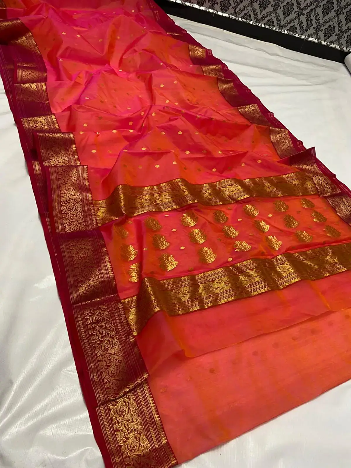 Coral Radiance with Magenta Ombre and Scattered Gold Zari Buttis Chanderi Saree - Handloom Chanderi Saree