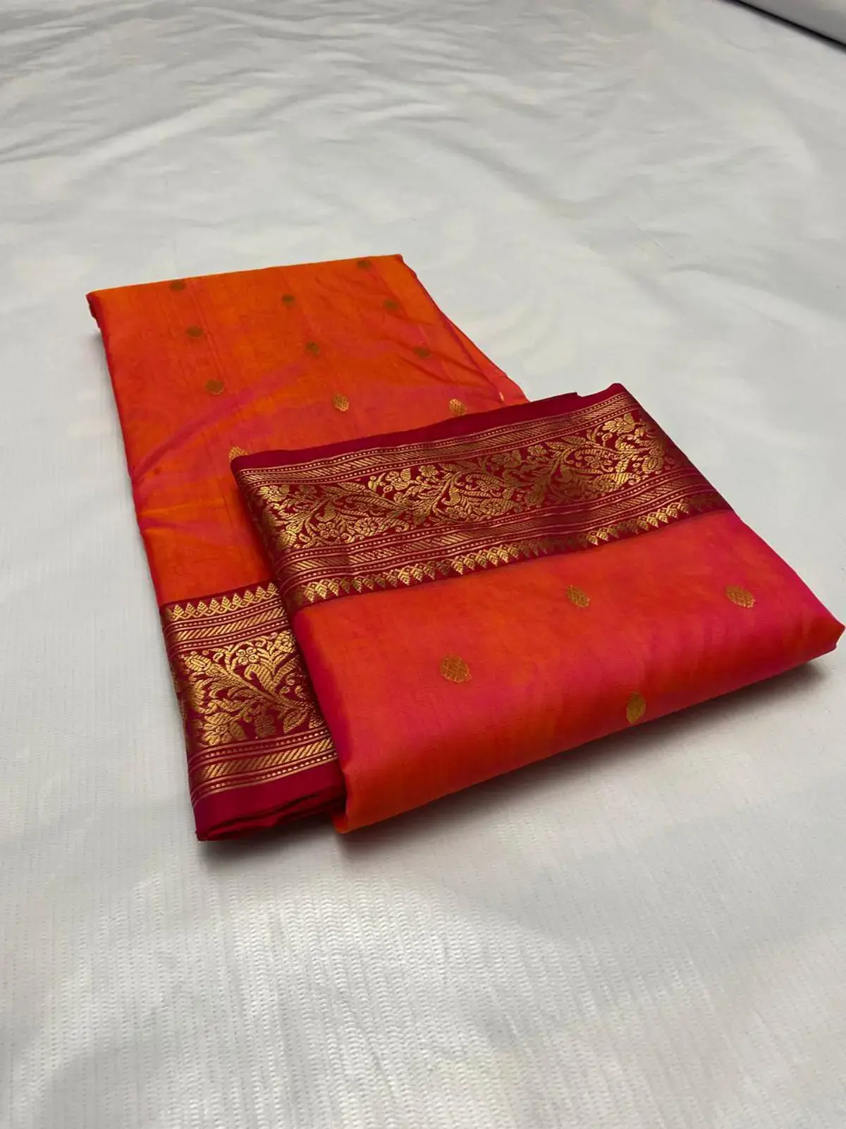 Handwoven Coral Radiance & Magenta Ombre Coral Radiance with Magenta Ombre and Scattered Gold Zari Buttis Chanderi Saree - Authentic Chanderi Silk Saree Chanderi Saree - View 4