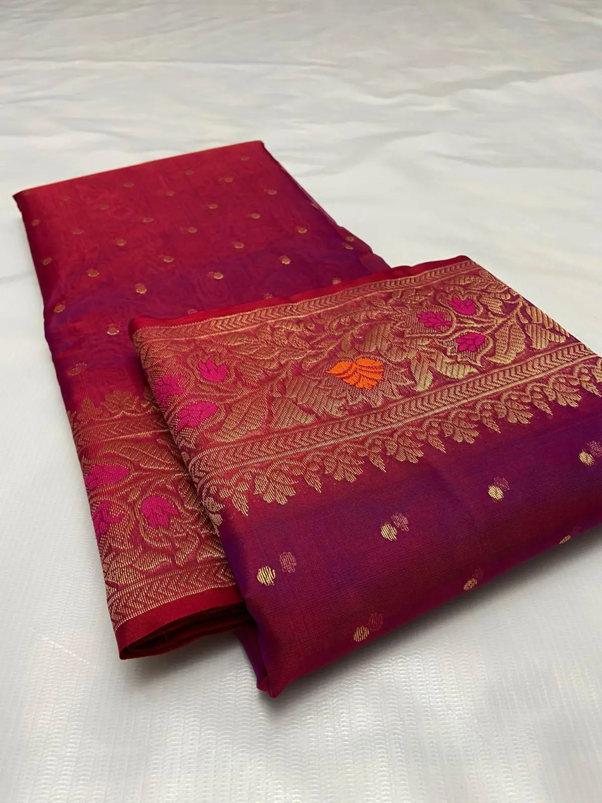 Handwoven Crimson Plum with Antique Gold Zari and Pink Accents Crimson Plum with Intricate Antique Gold Zari Floral Motifs Kataan Silk - Authentic Chanderi Silk Saree Chanderi Saree
