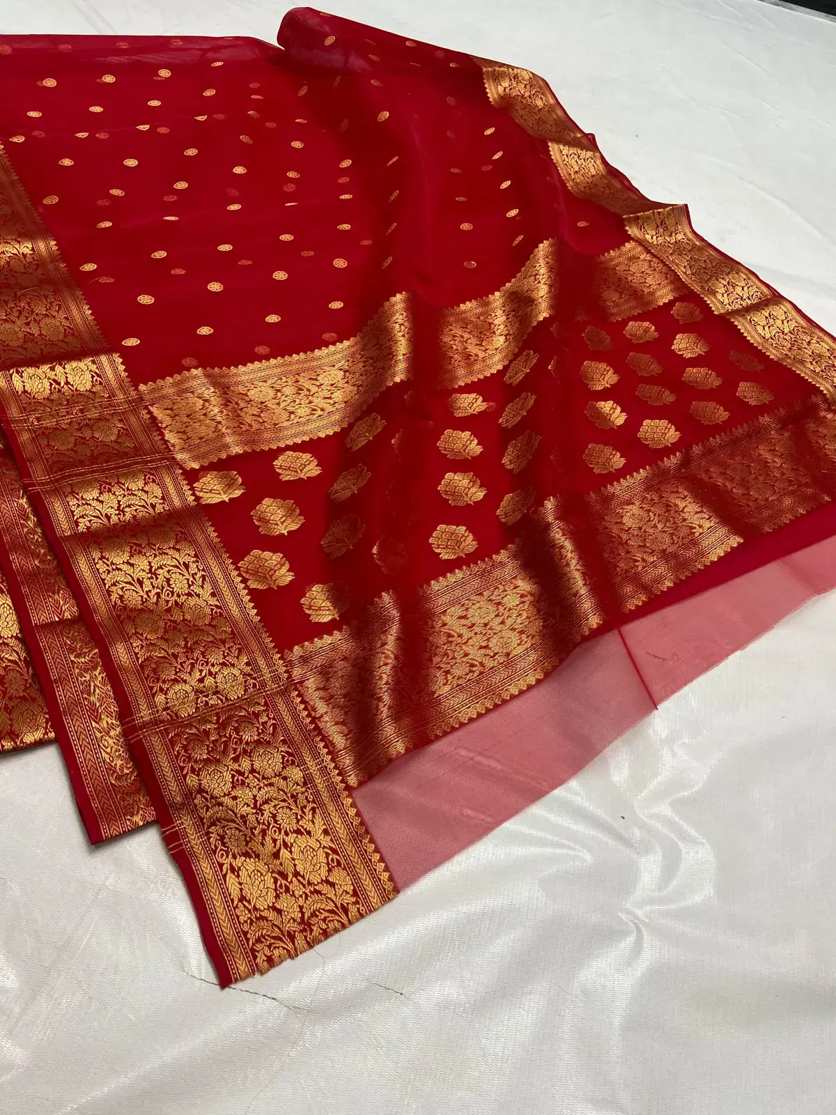 Handwoven Crimson Radiance & Gold Crimson Radiance and Gold Crimson Radiance with Opulent Gold Zari Buttis Chanderi Saree - Authentic Chanderi Silk Saree Chanderi Saree - View 2