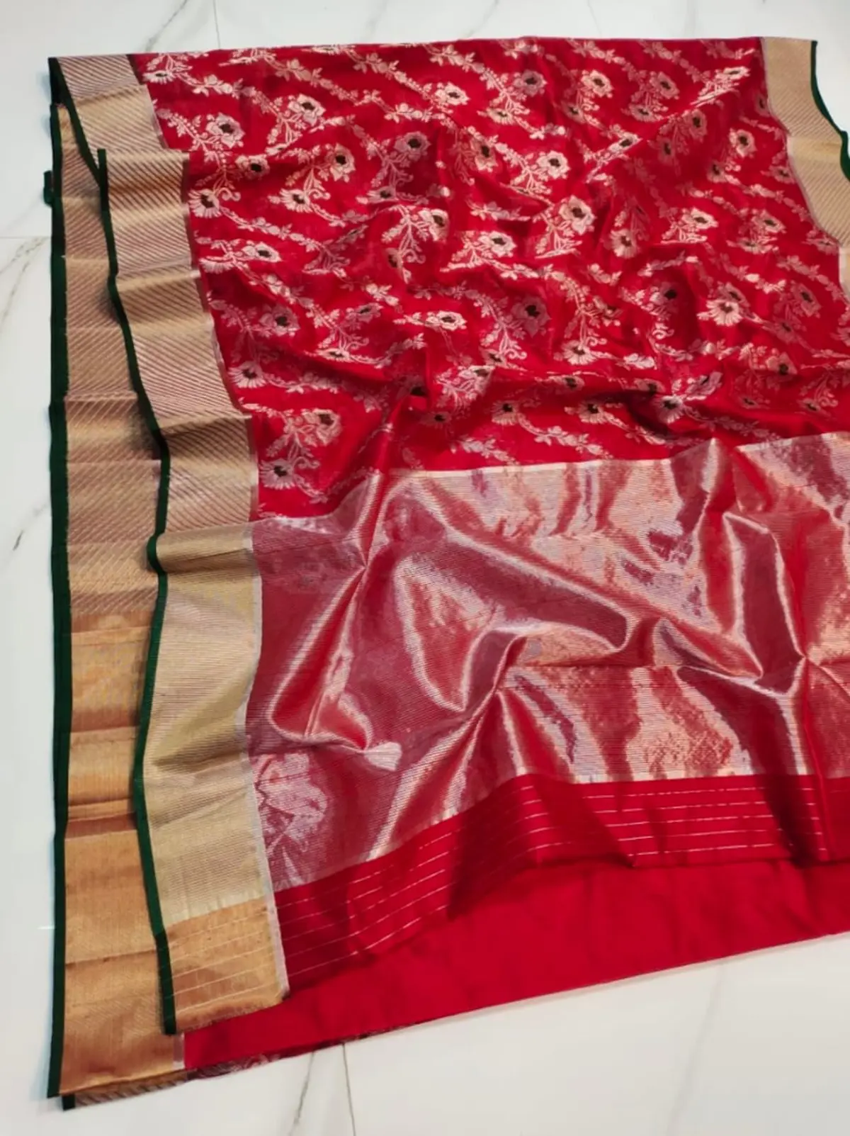 Handwoven Crimson Radiance with Antique Gold and Deep Emerald Accents Crimson Radiance with Antique Gold and Deep Emerald Accents Pattu Silk Saree - Authentic Chanderi Silk Saree Chanderi Saree