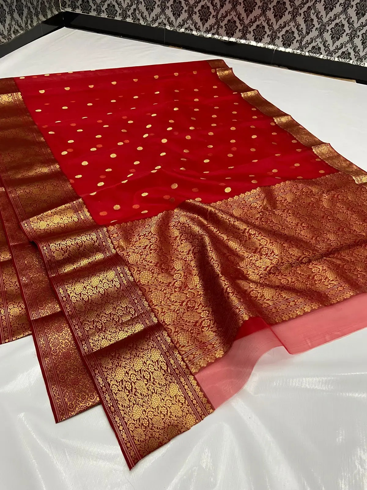 Handwoven Crimson Red & Antique Gold Crimson Radiance with Antique Gold Zari Buttis and Border Kataan Silk - Authentic Chanderi Silk Saree Chanderi Saree - View 1