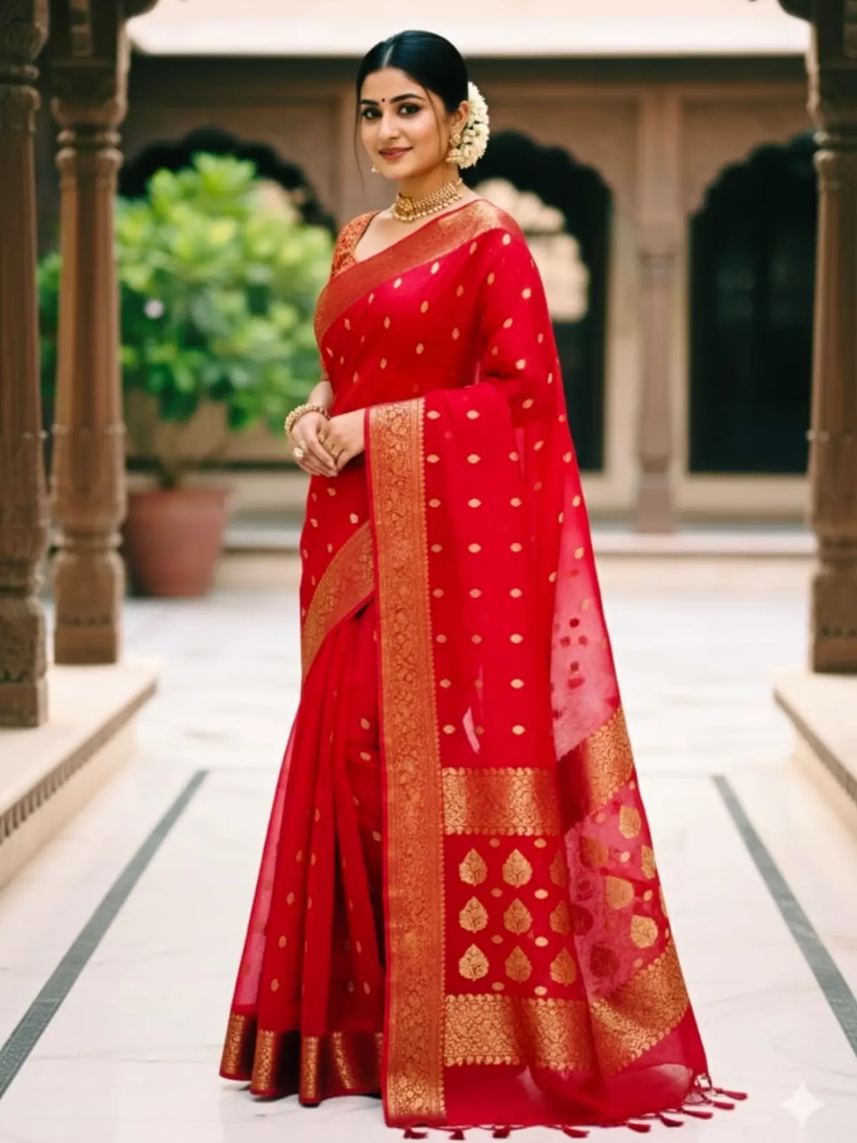 Crimson Radiance with Opulent Gold Zari Buttis and Ornate Border Kataan Silk - Handloom Chanderi Saree