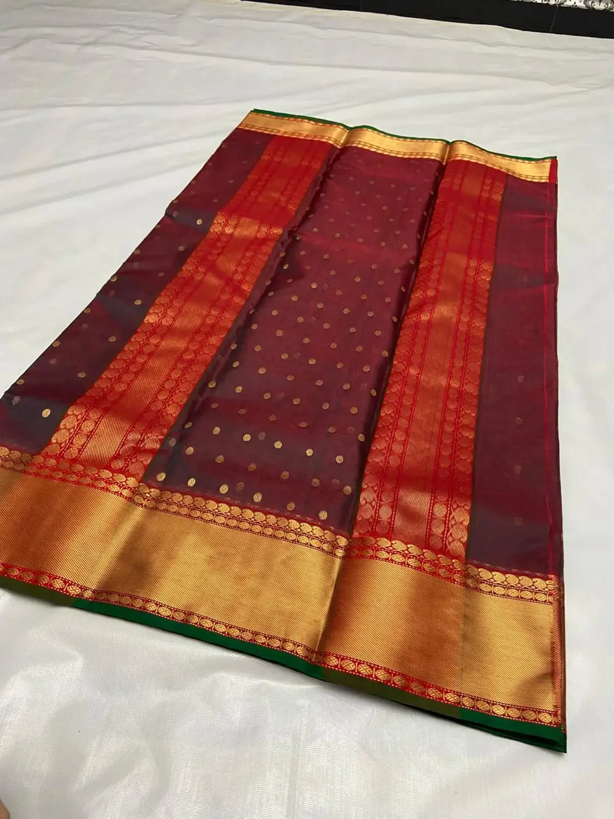 Crimson Twilight with Scattered Gold Zari Buti Chanderi Saree - Handloom Chanderi Saree