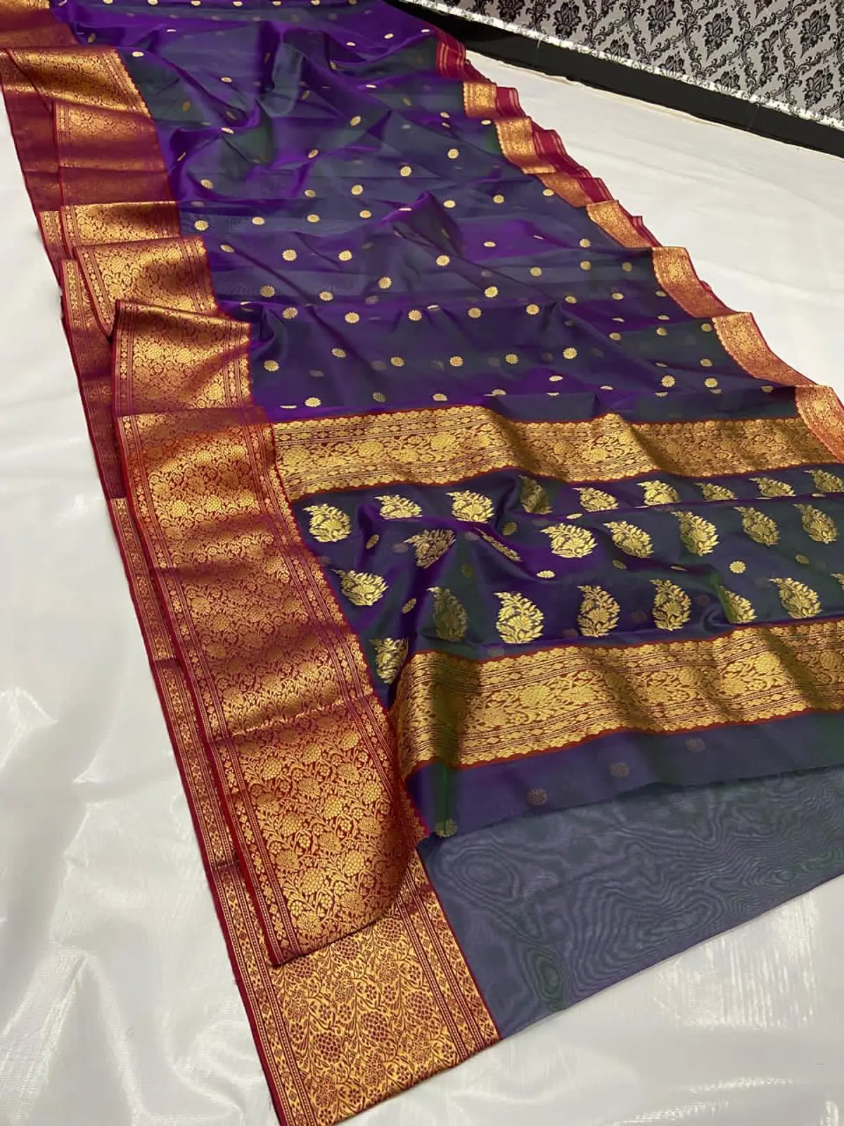Handwoven Deep Amethyst with Antique Gold & Maroon Zari Deep Amethyst with Antique Gold & Maroon Zari Kataan Silk Saree - Authentic Chanderi Silk Saree Chanderi Saree - View 1