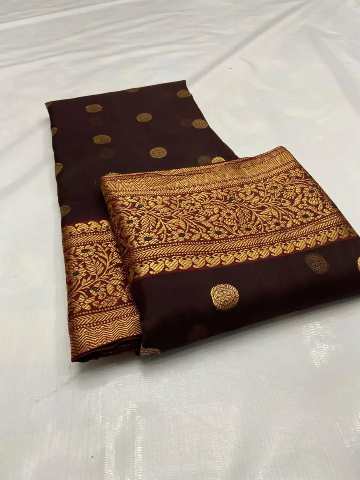 Handwoven Deep Burgundy & Antique Gold Deep Burgundy with Antique Gold Zari Bootis and Floral Border Kataan Silk - Authentic Chanderi Silk Saree Chanderi Saree - View 1