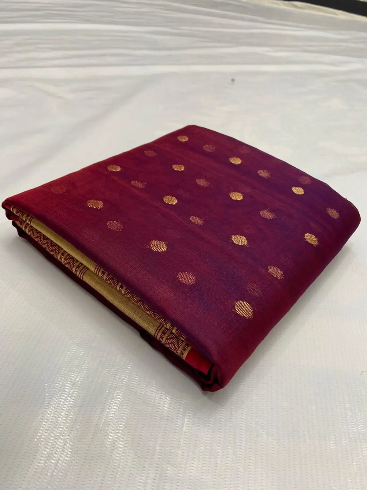Handwoven Deep Burgundy & Antique Gold Deep Burgundy with Gold Polka Dot Zari Kataan Silk - Authentic Chanderi Silk Saree Chanderi Saree - View 1