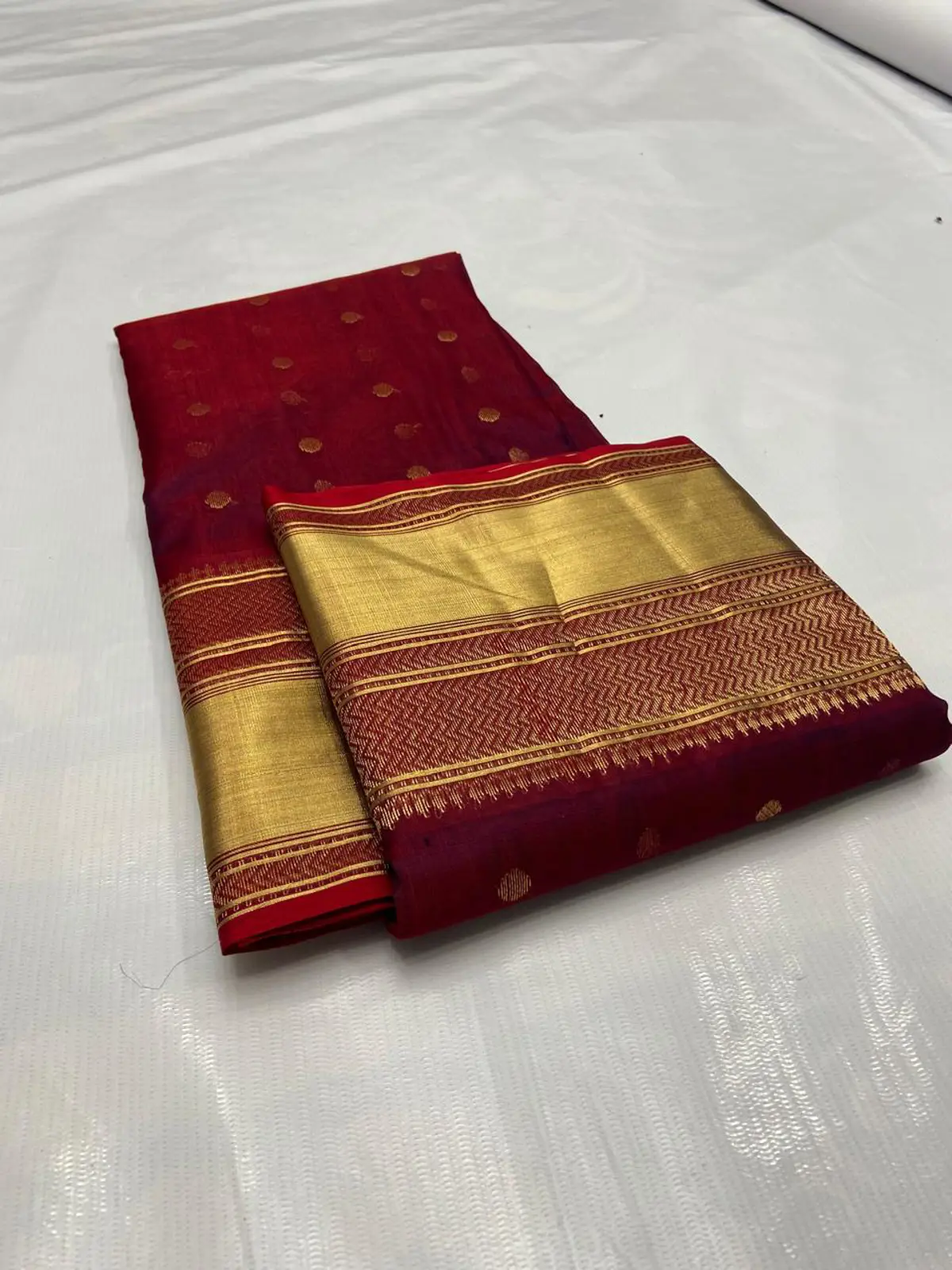 Handwoven Deep Burgundy & Antique Gold Deep Burgundy with Gold Polka Dot Zari Kataan Silk - Authentic Chanderi Silk Saree Chanderi Saree - View 2