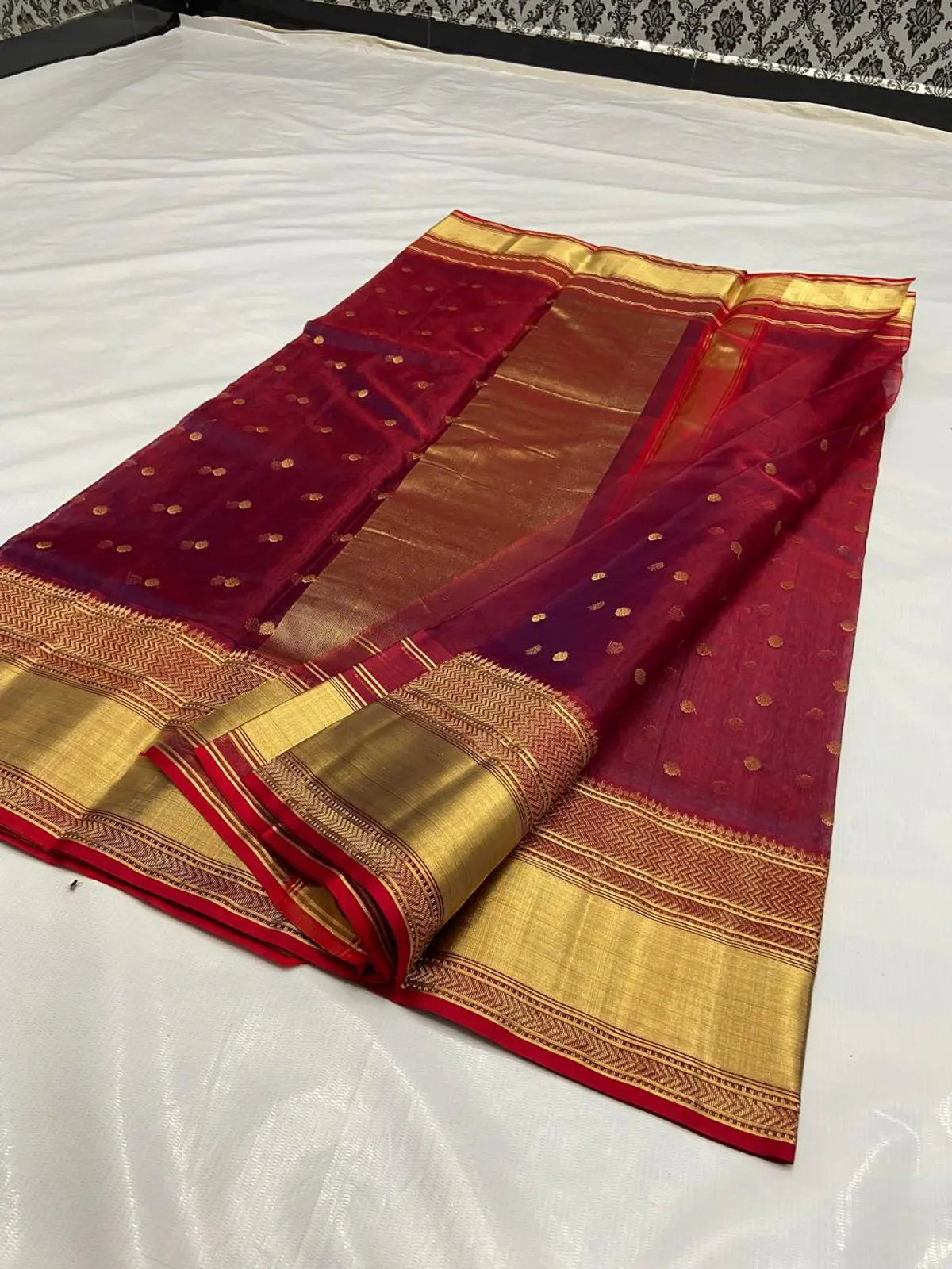 Handwoven Deep Burgundy & Antique Gold Deep Burgundy with Gold Polka Dot Zari Kataan Silk - Authentic Chanderi Silk Saree Chanderi Saree - View 3