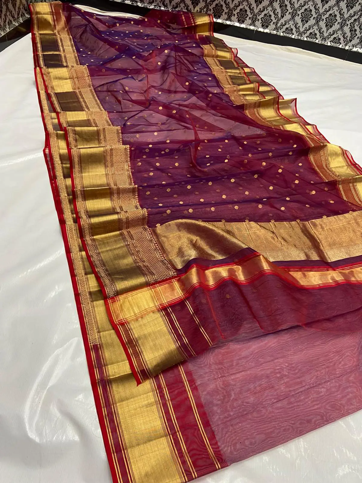 Handwoven Deep Burgundy & Antique Gold Deep Burgundy with Gold Polka Dot Zari Kataan Silk - Authentic Chanderi Silk Saree Chanderi Saree - View 4