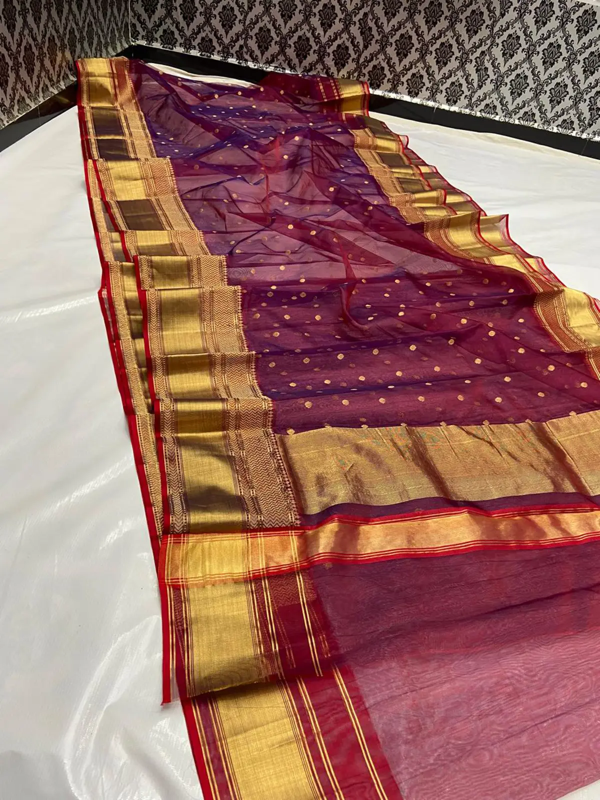 Handwoven Deep Burgundy & Antique Gold Deep Burgundy with Gold Polka Dot Zari Kataan Silk - Authentic Chanderi Silk Saree Chanderi Saree - View 5