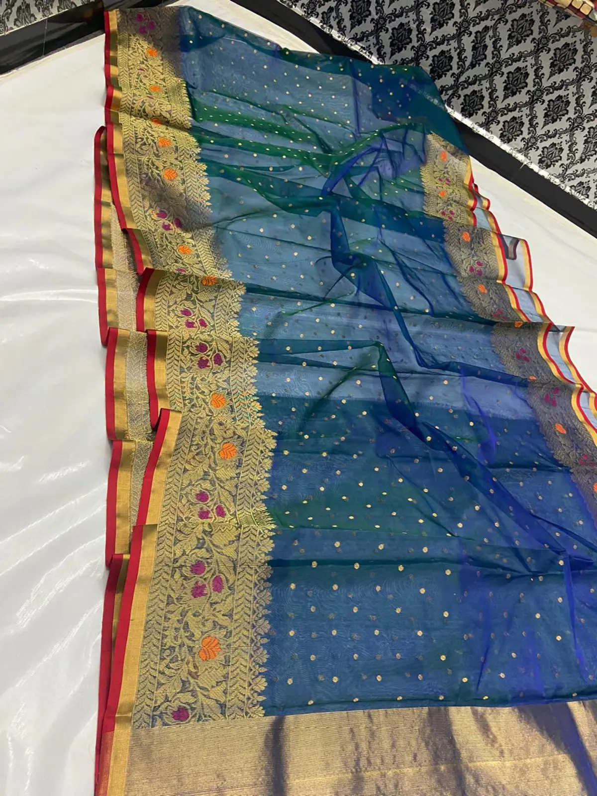 Handwoven Deep Cerulean Teal with Gilded Antique Zari and Vermillion Accents Deep Cerulean Teal with Gilded Antique Zari and Vermillion Accents Kataan Silk Saree - Authentic Chanderi Silk Saree Chanderi Saree