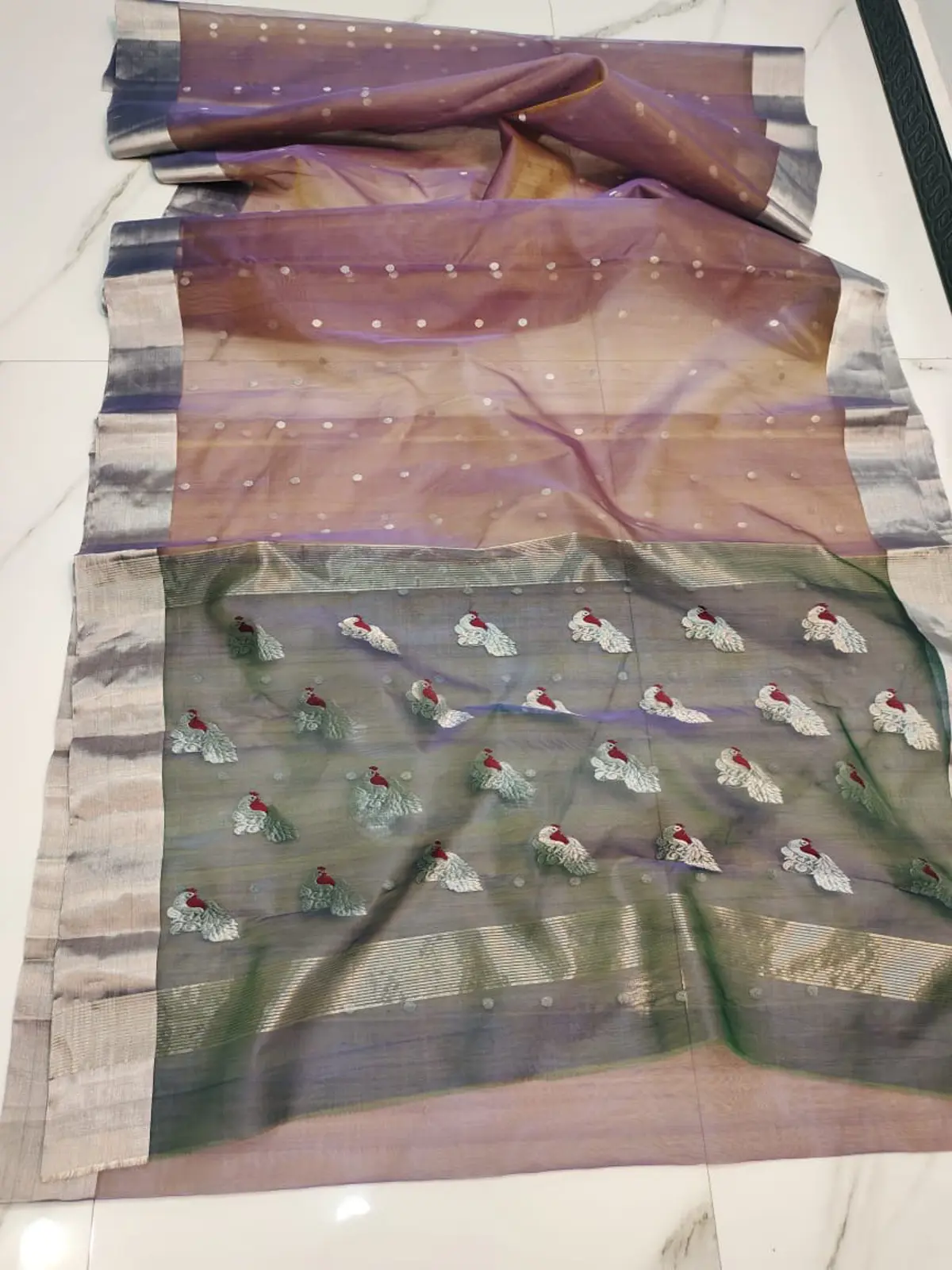 Handwoven Dual Tone Amethyst & Charcoal Dual Tone Amethyst & Charcoal Kataan Silk Saree - Authentic Chanderi Silk Saree Chanderi Saree - View 1