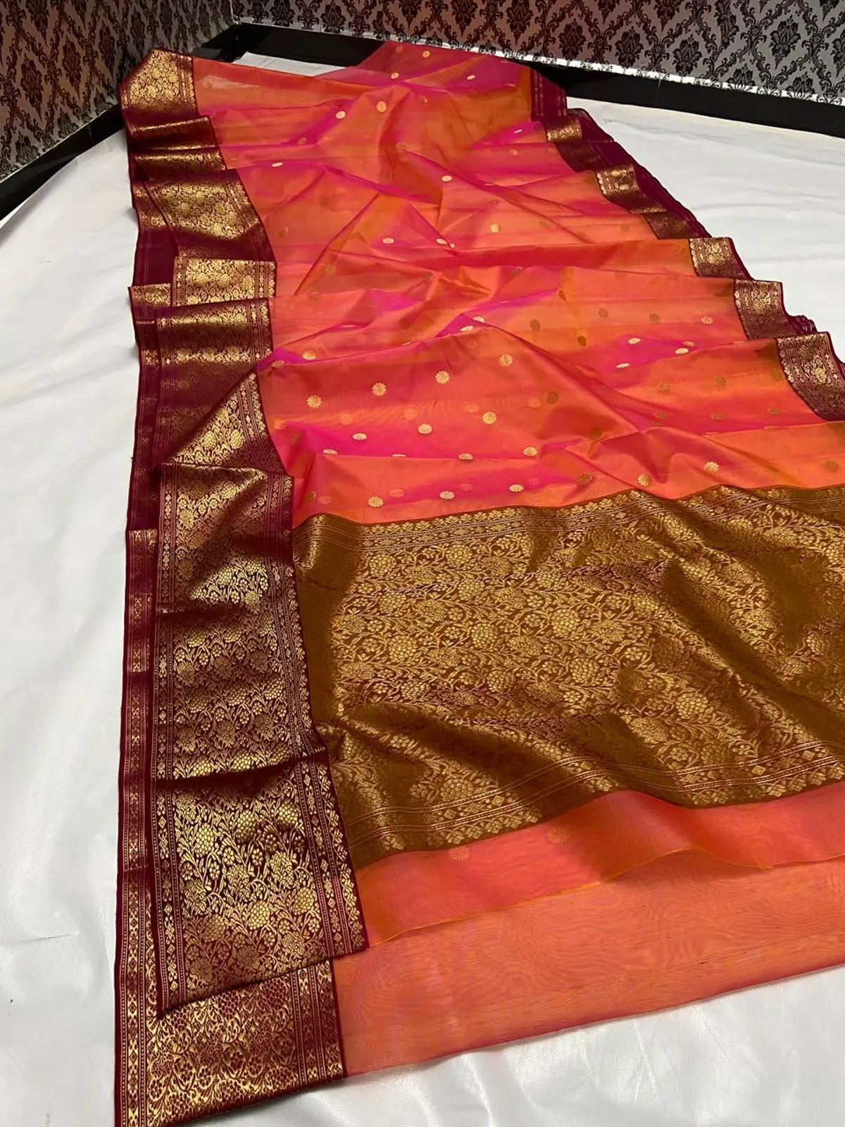 Handwoven Dual Tone Rani Pink & Peach Dual Tone Rani Pink & Peach Kataan Silk Saree - Authentic Chanderi Silk Saree Chanderi Saree - View 1