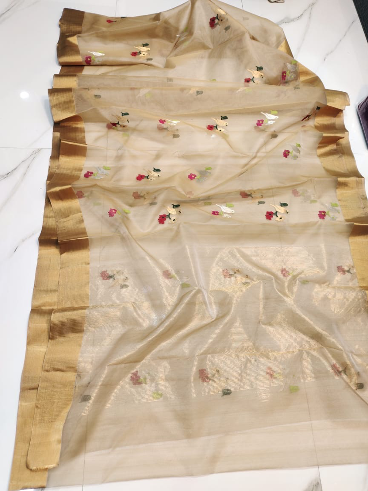 Handwoven Dual Tone Amethyst & Charcoal Elegant Champagne Beige Pure Katan Silk Saree - Authentic Chanderi Silk Saree Chanderi Saree - View 1