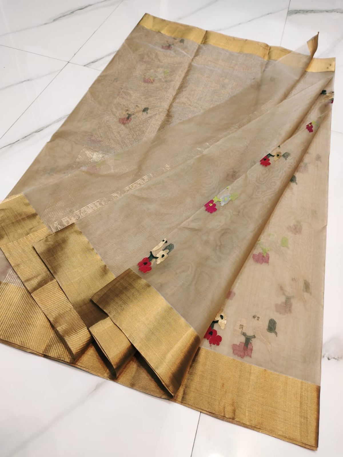 Handwoven Dual Tone Amethyst & Charcoal Elegant Champagne Beige Pure Katan Silk Saree - Authentic Chanderi Silk Saree Chanderi Saree - View 3