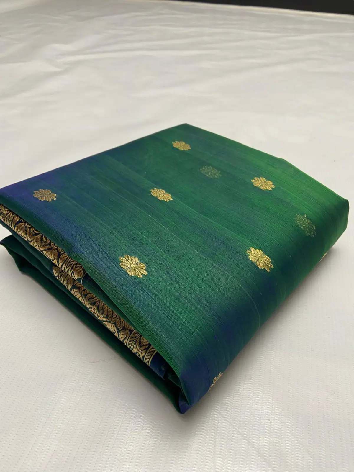 Emerald and Midnight Blue with Antique Gold Floral Booti Kataan Silk - Handloom Chanderi Saree