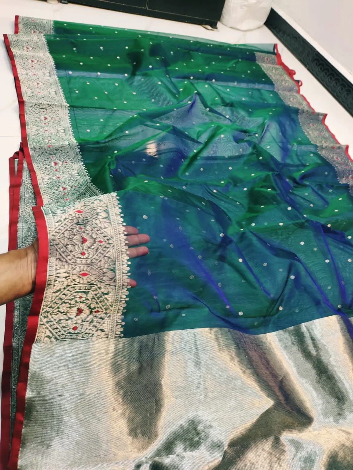 Emerald and Sapphire Ombre with Antique Silver Zari Border Chanderi Silk - Handloom Chanderi Saree