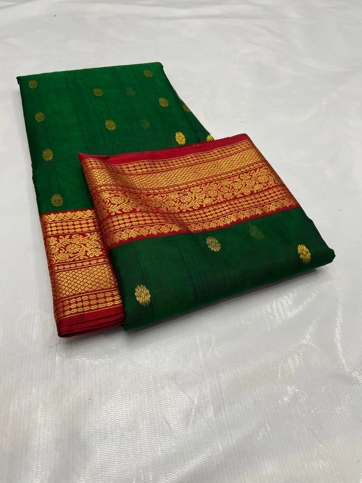 Handwoven Emerald Green, Crimson Red, and Antique Gold Emerald Green with Antique Gold Zari Bootis and Crimson Border Kataan Silk - Authentic Chanderi Silk Saree Chanderi Saree - View 2