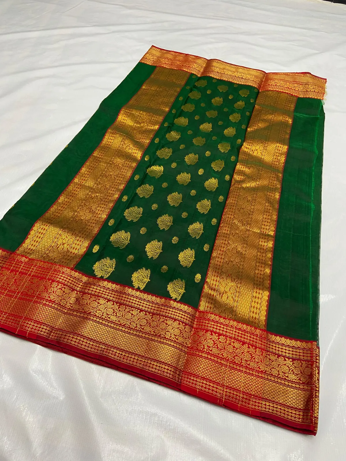 Handwoven Emerald Green, Crimson Red, and Antique Gold Emerald Green with Antique Gold Zari Bootis and Crimson Border Kataan Silk - Authentic Chanderi Silk Saree Chanderi Saree - View 3