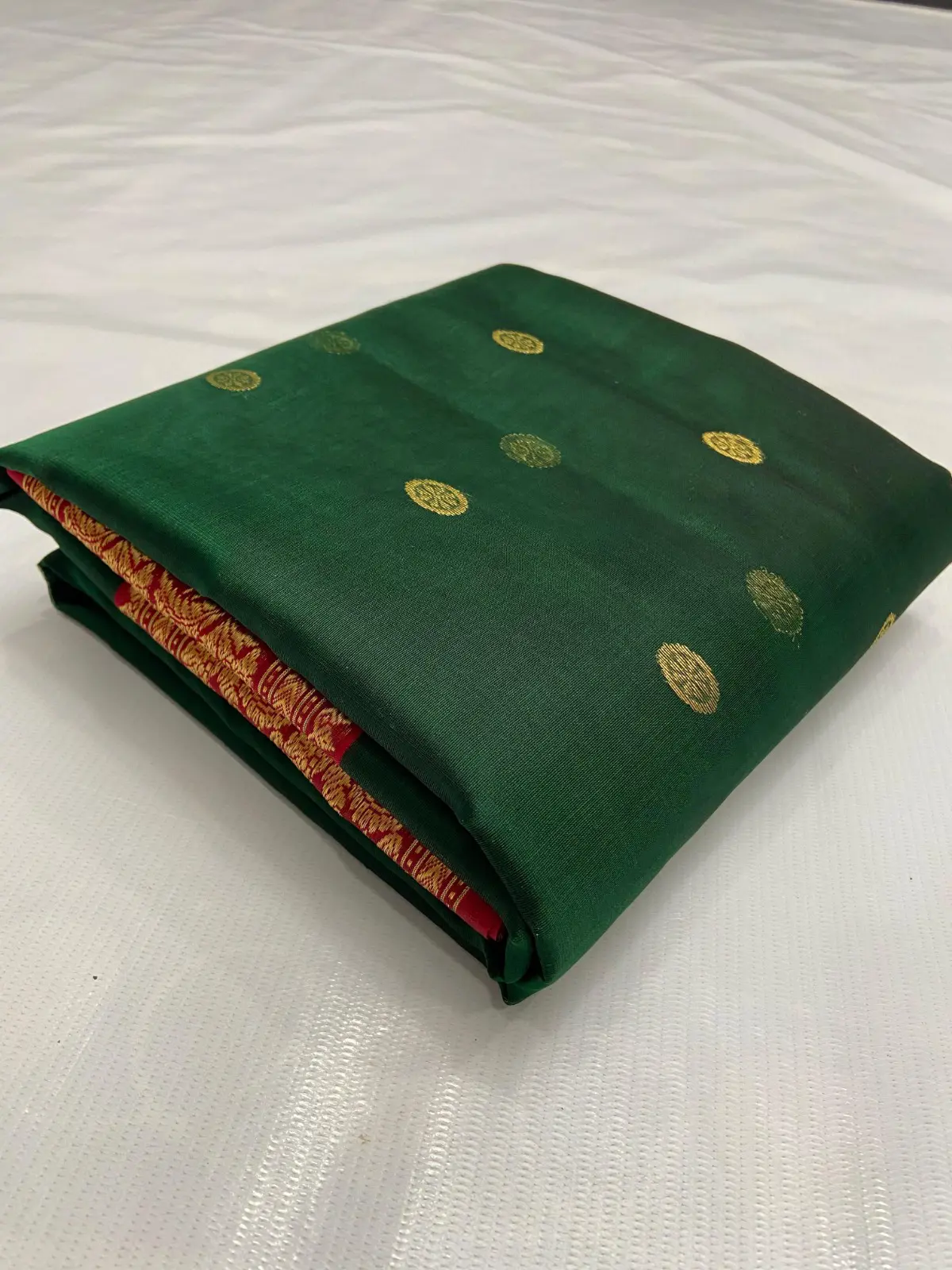 Emerald Green with Antique Gold Zari Bootis Kataan Silk - Handloom Chanderi Saree